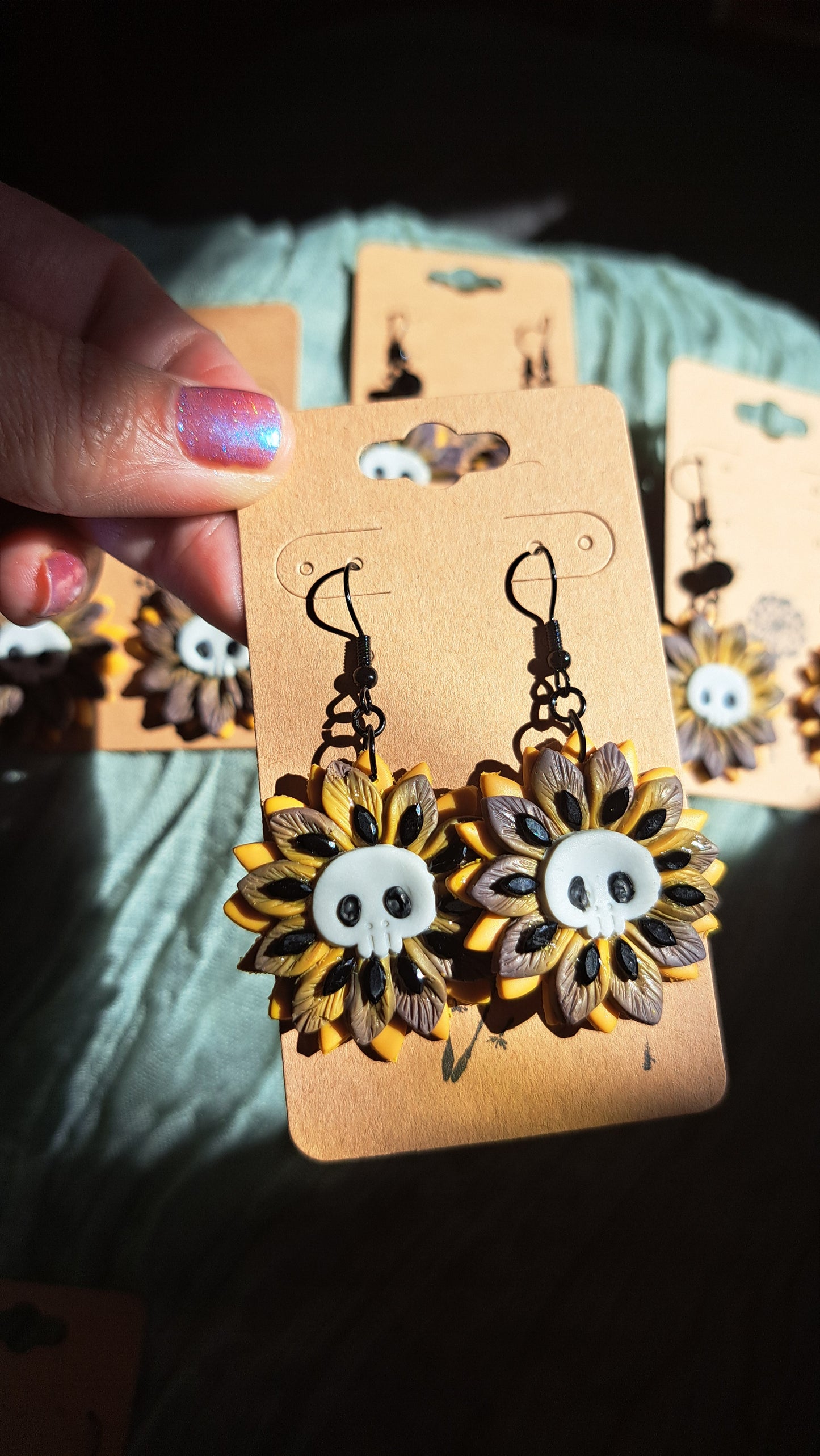 Handmade Polymer Clay "Skull Flowers" Dangle Earrings