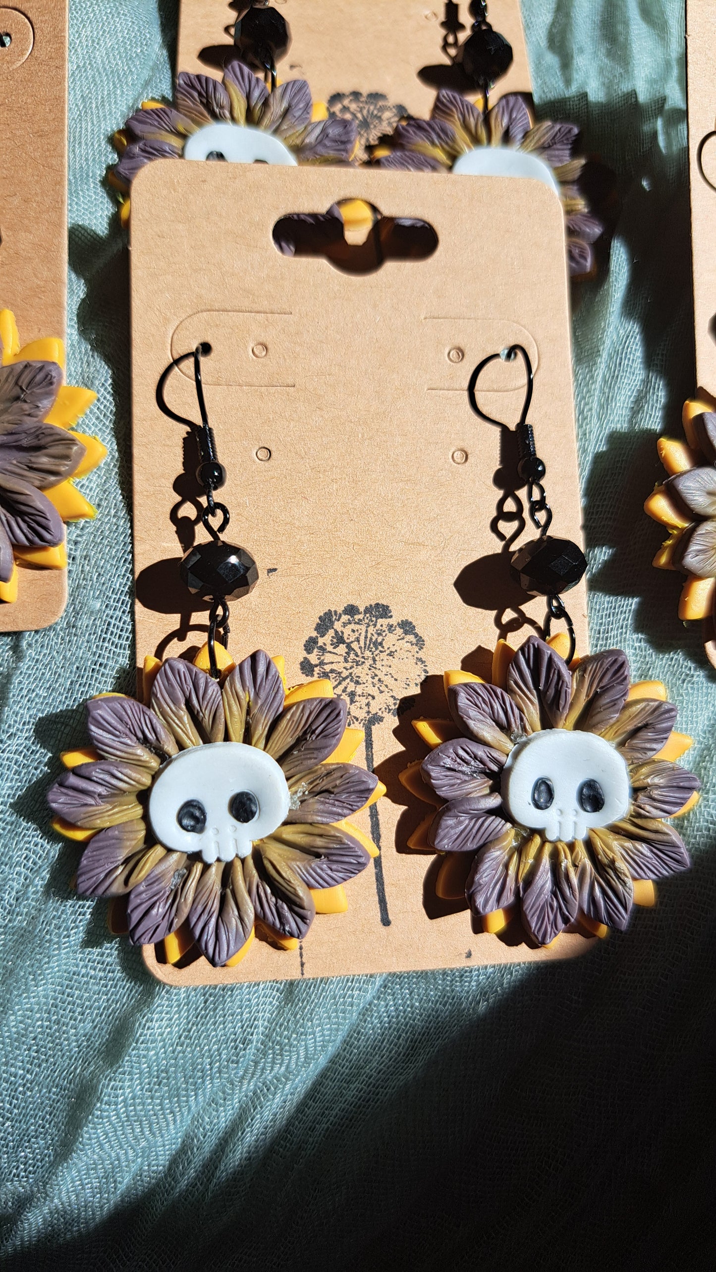 Handmade Polymer Clay "Skull Flowers" Dangle Earrings