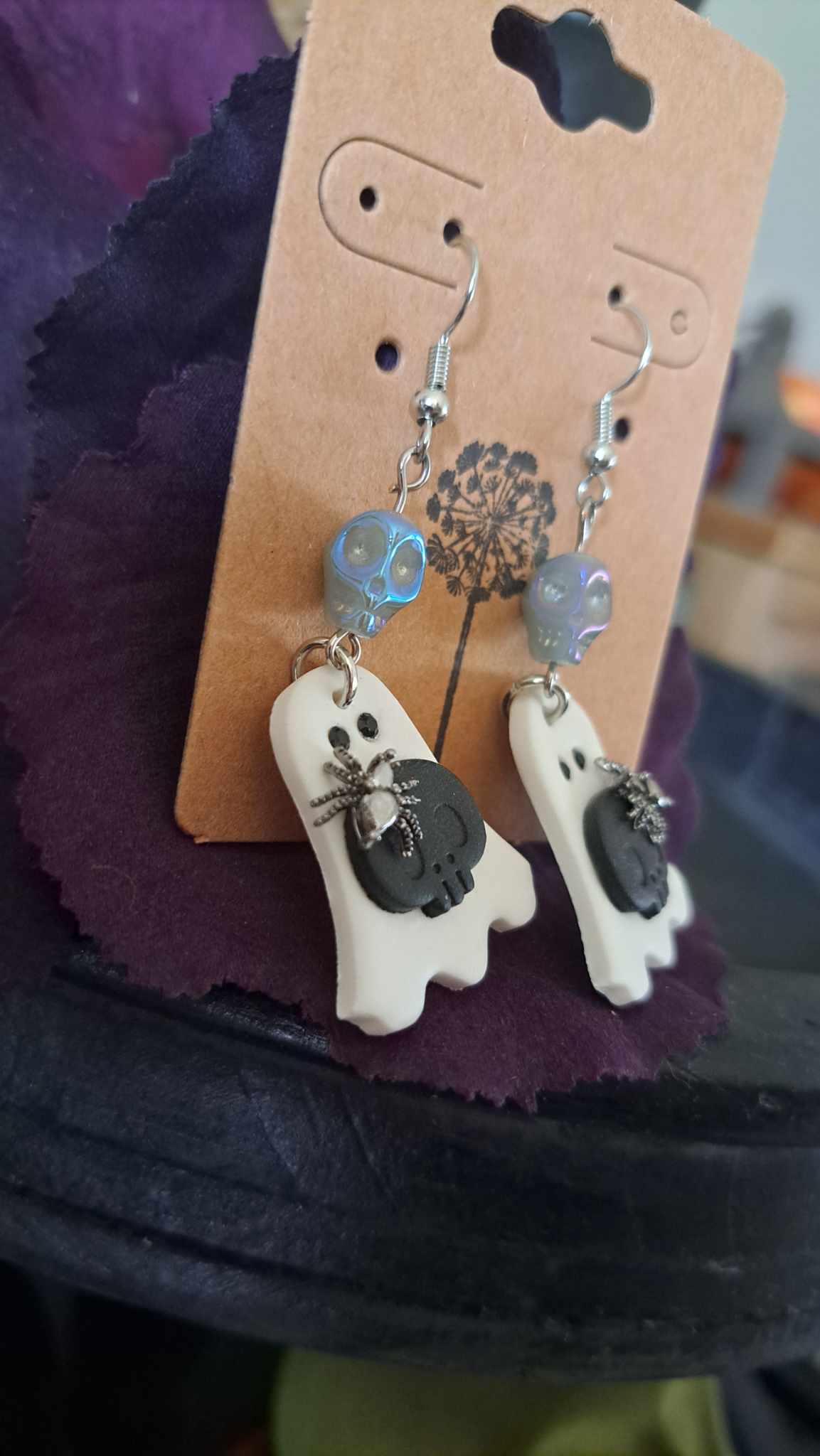 Polymer Clay "Ghost With Skull" Dangle Earrings