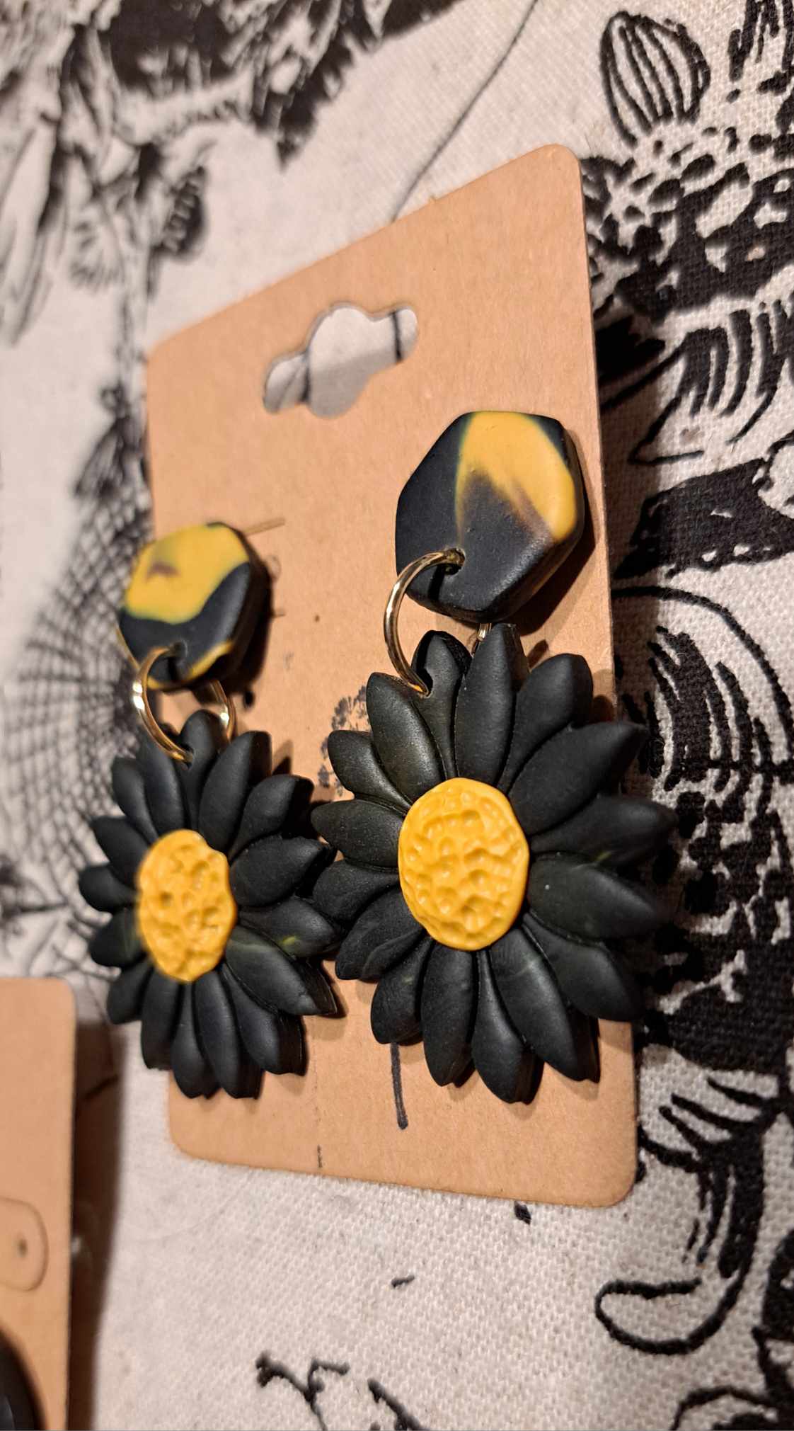 "Black Sunflower" Polymer Clay Dangle Earrings