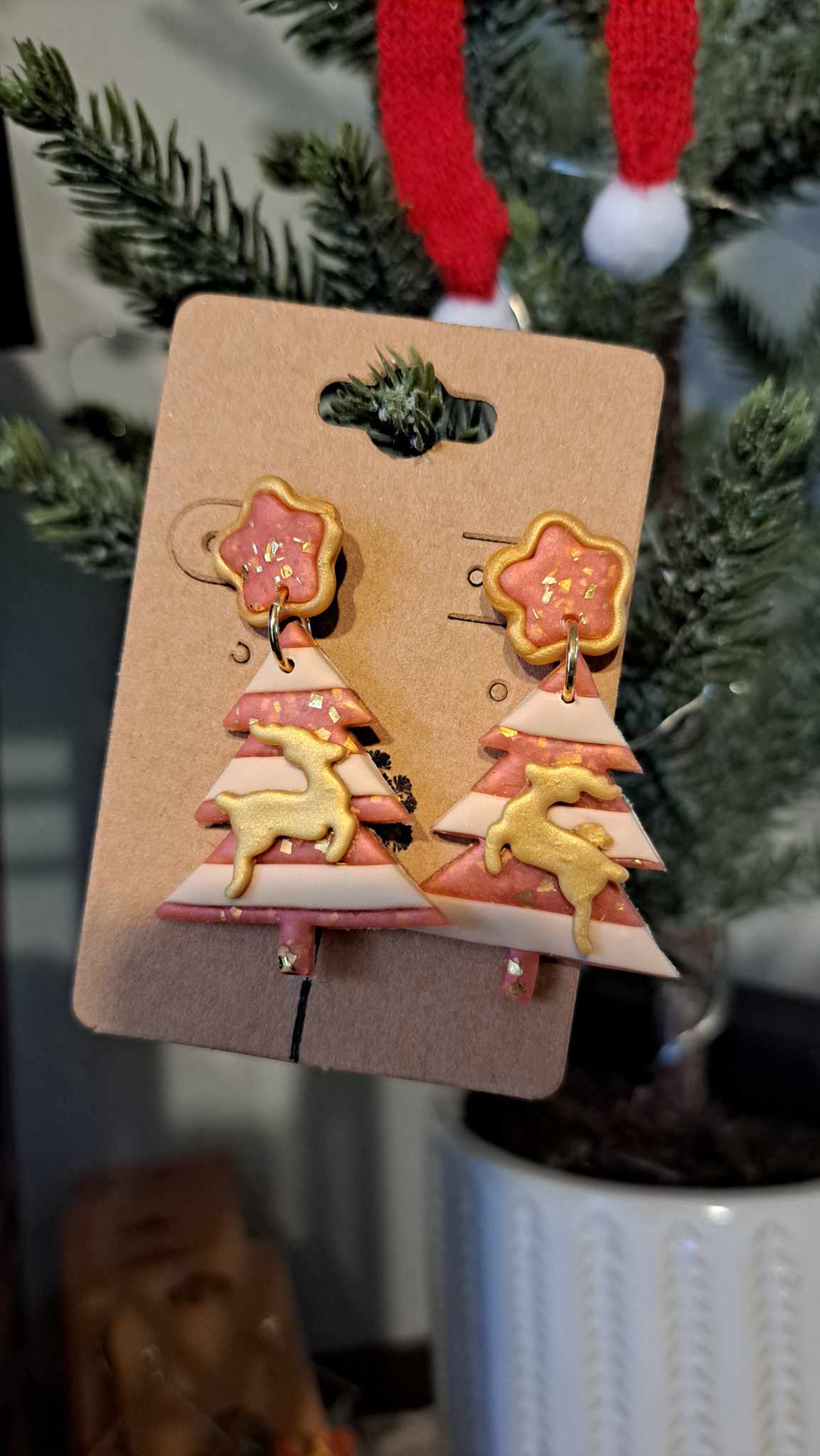 Striped Christmas Tree Polymer Clay Dangle Earrings (D9)