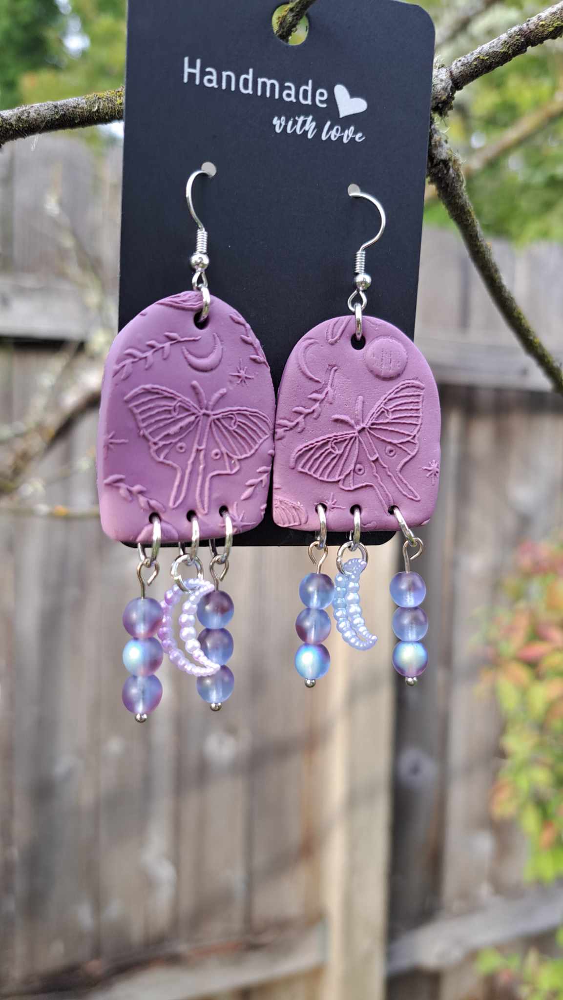 Polymer Clay *Purple Luna Moth Imprint With Moon* Dangling Earrings