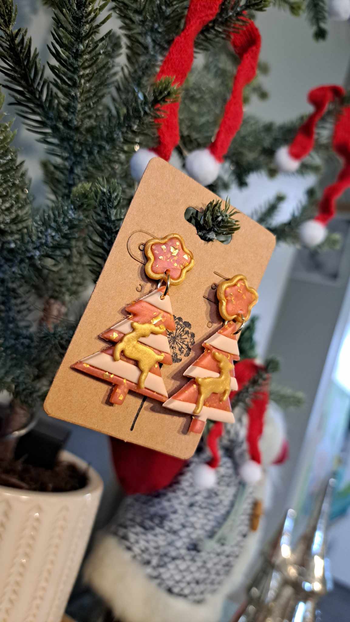 Striped Christmas Tree Polymer Clay Dangle Earrings (D9)