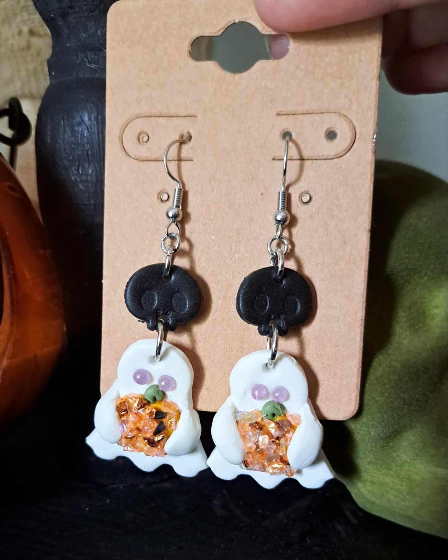 Polymer Clay *Ghost/Skull with Gravel Pumpkin* Dangle Earring