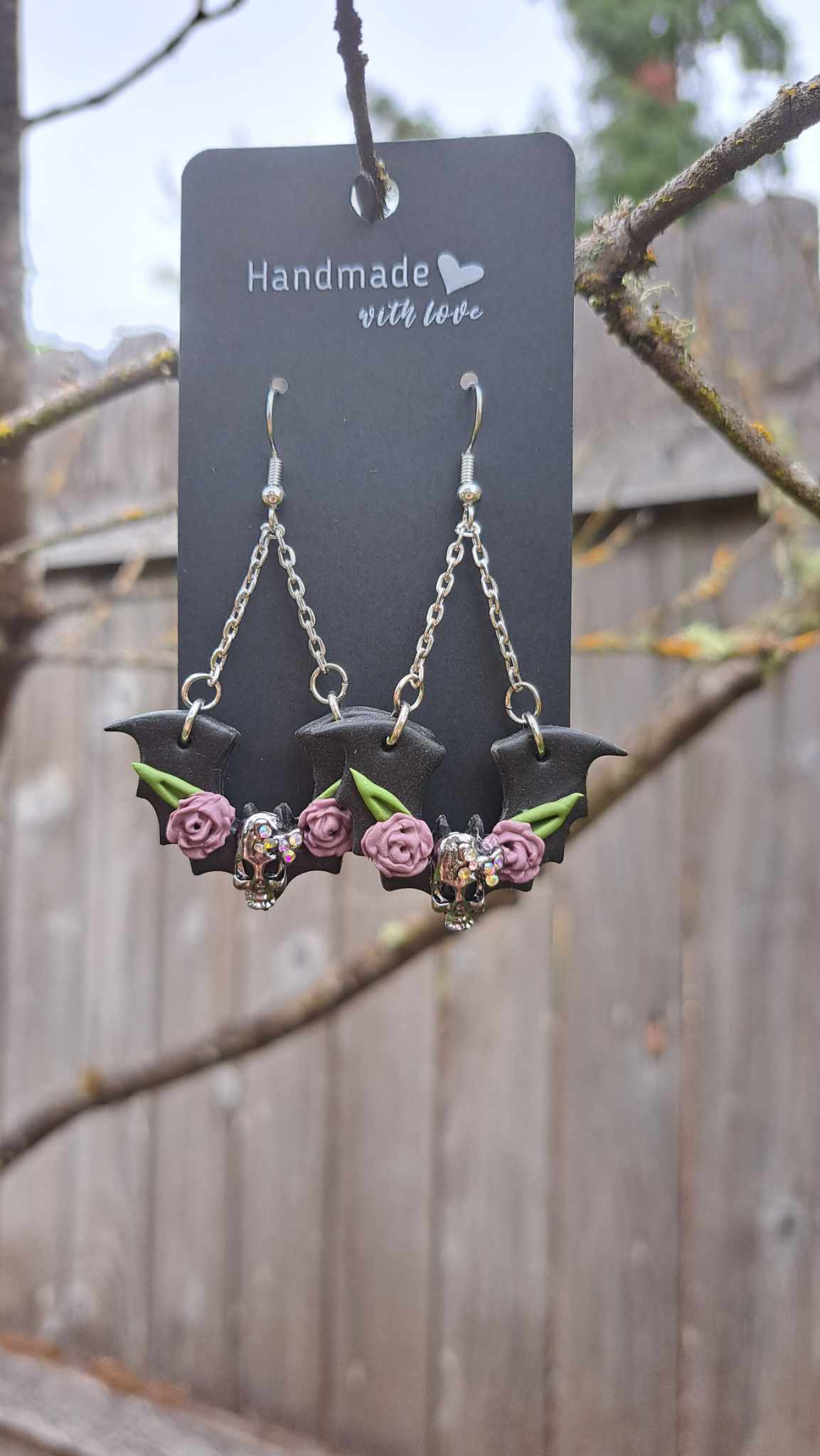 Polymer Clay *Chandelier Bat With SKull* Dangling Earrings