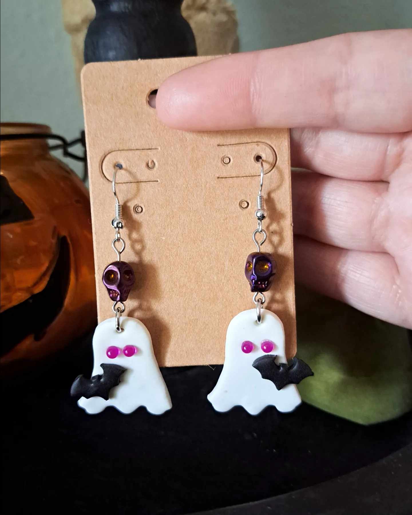 Polymer Clay *Ghost with Bat* Dangle Earring