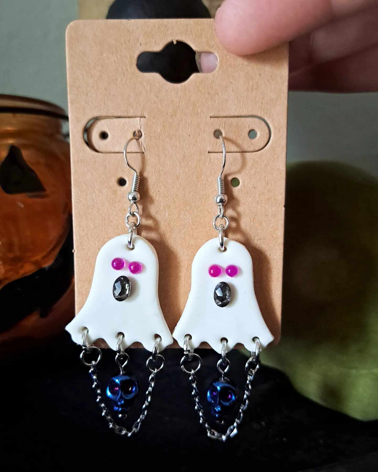 Polymer Clay *Ghost with Dangle Chain" Earrings