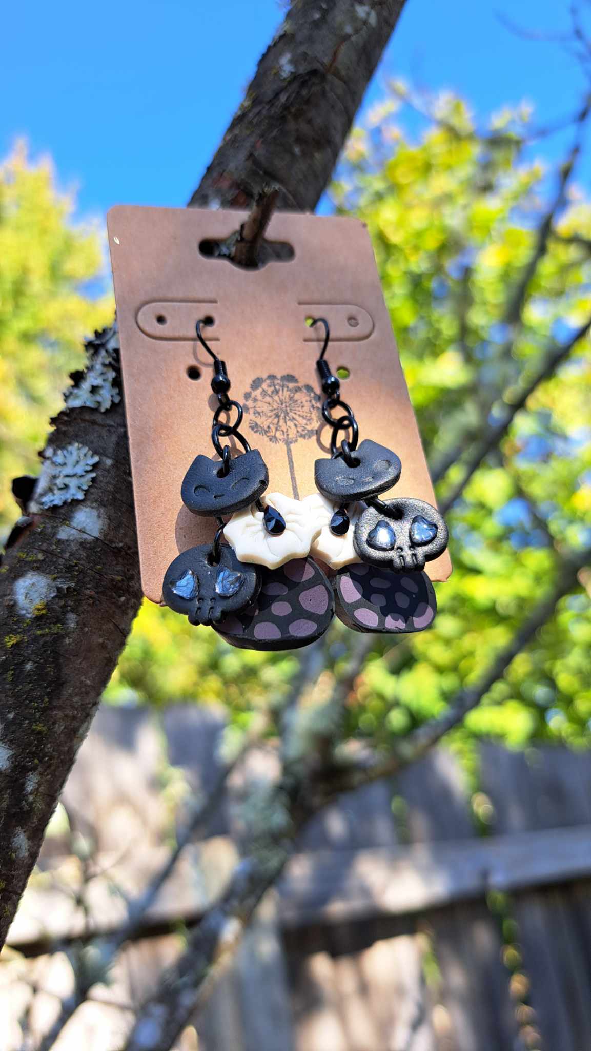 Polymer Clay Cat/Spider/Skull & Spots Dangle Earrings