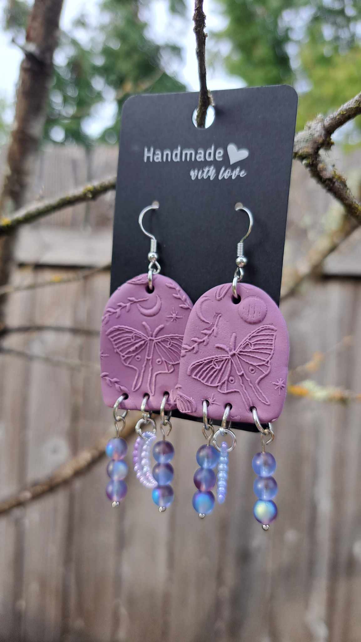 Polymer Clay *Purple Luna Moth Imprint With Moon* Dangling Earrings