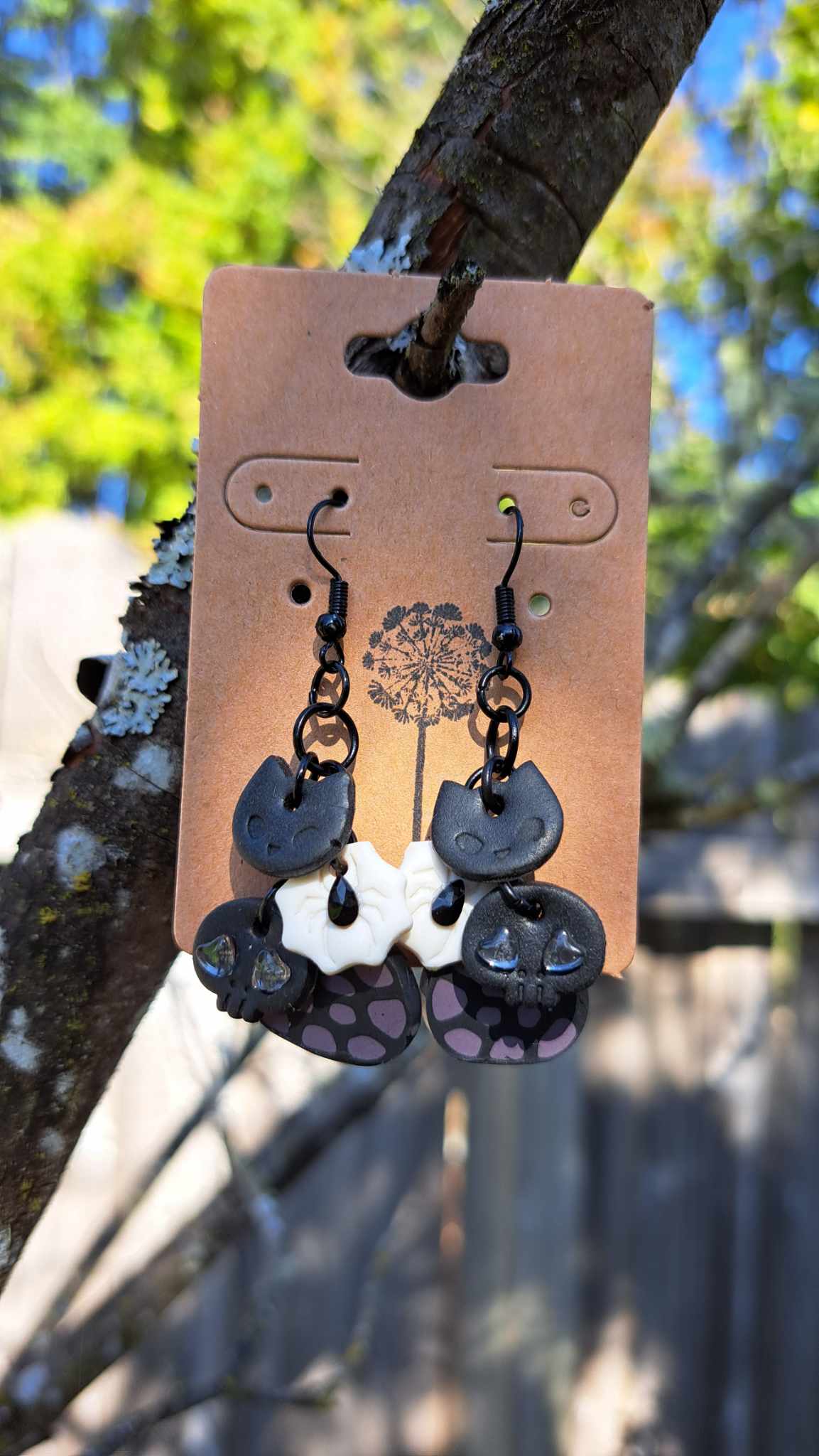 Polymer Clay Cat/Spider/Skull & Spots Dangle Earrings