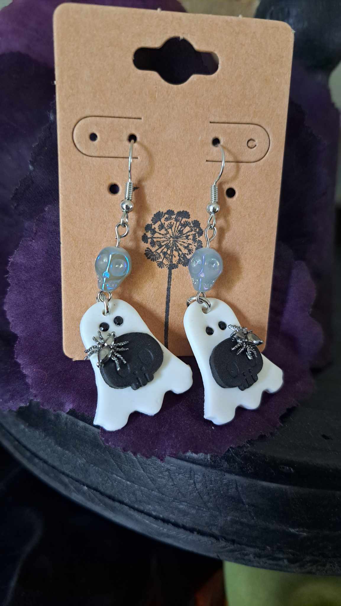 Polymer Clay "Ghost With Skull" Dangle Earrings
