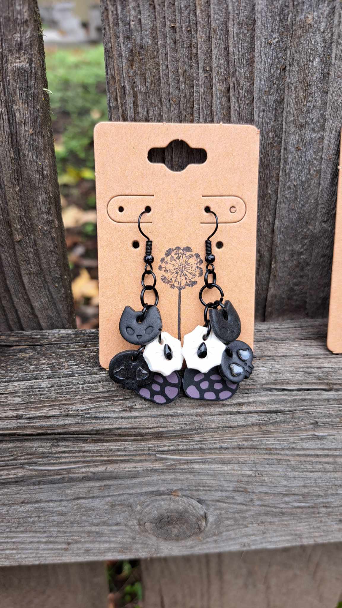 Polymer Clay Cat/Spider/Skull & Spots Dangle Earrings