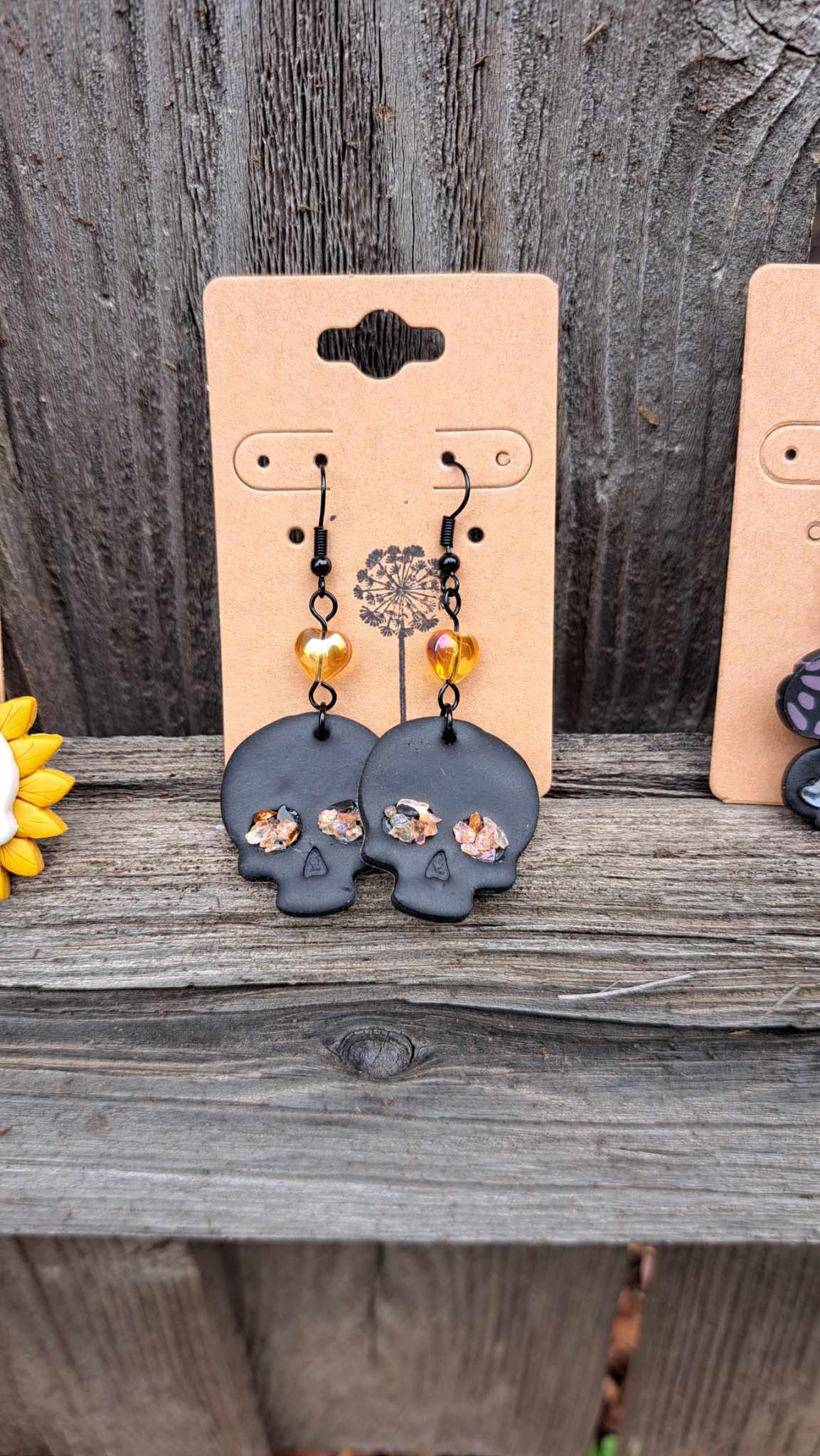 Polymer Clay Skull with Orange Dangle Earrings