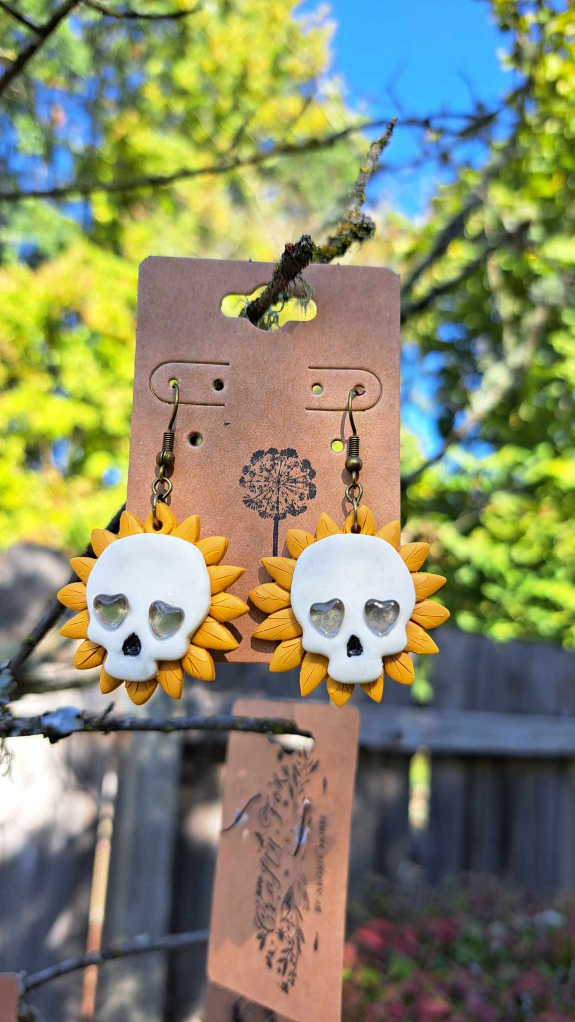 Polymer Clay Sunflower Skulls Dangle Earrings