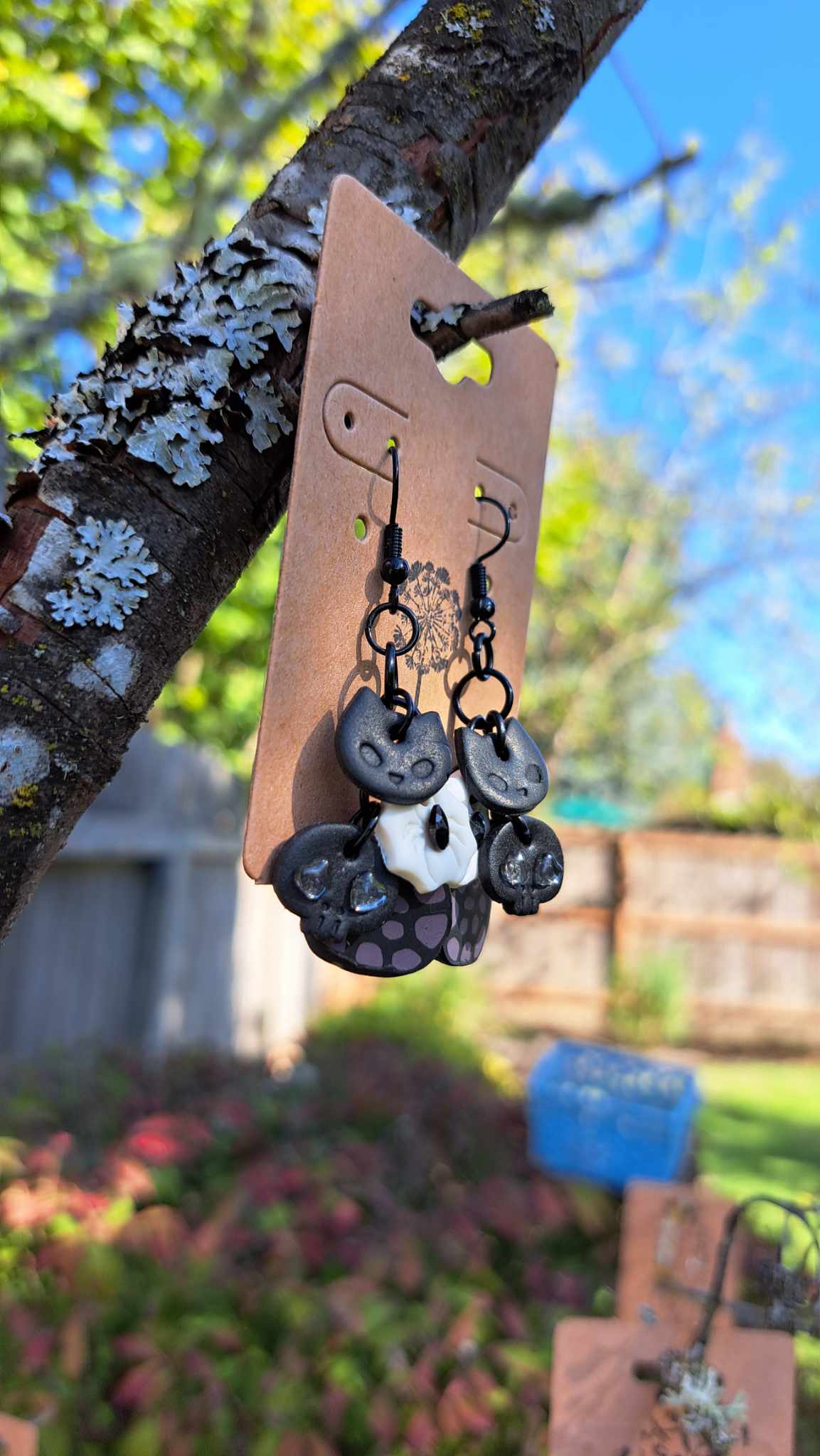 Polymer Clay Cat/Spider/Skull & Spots Dangle Earrings