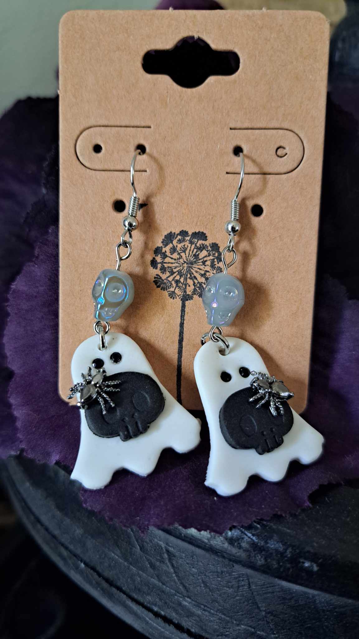 Polymer Clay "Ghost With Skull" Dangle Earrings