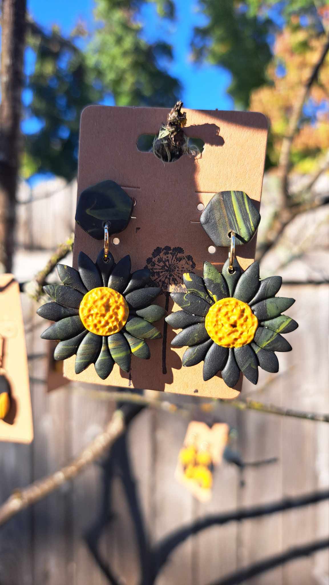"Black Sunflower" Polymer Clay Dangle Earrings