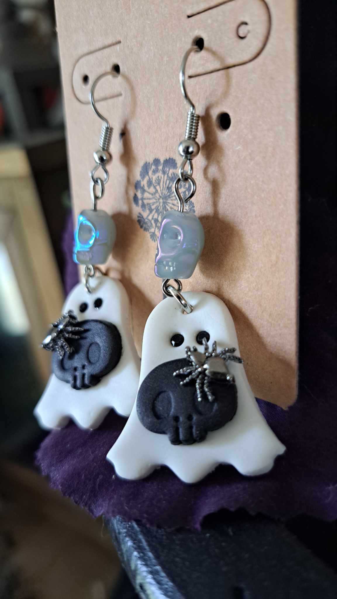Polymer Clay "Ghost With Skull" Dangle Earrings