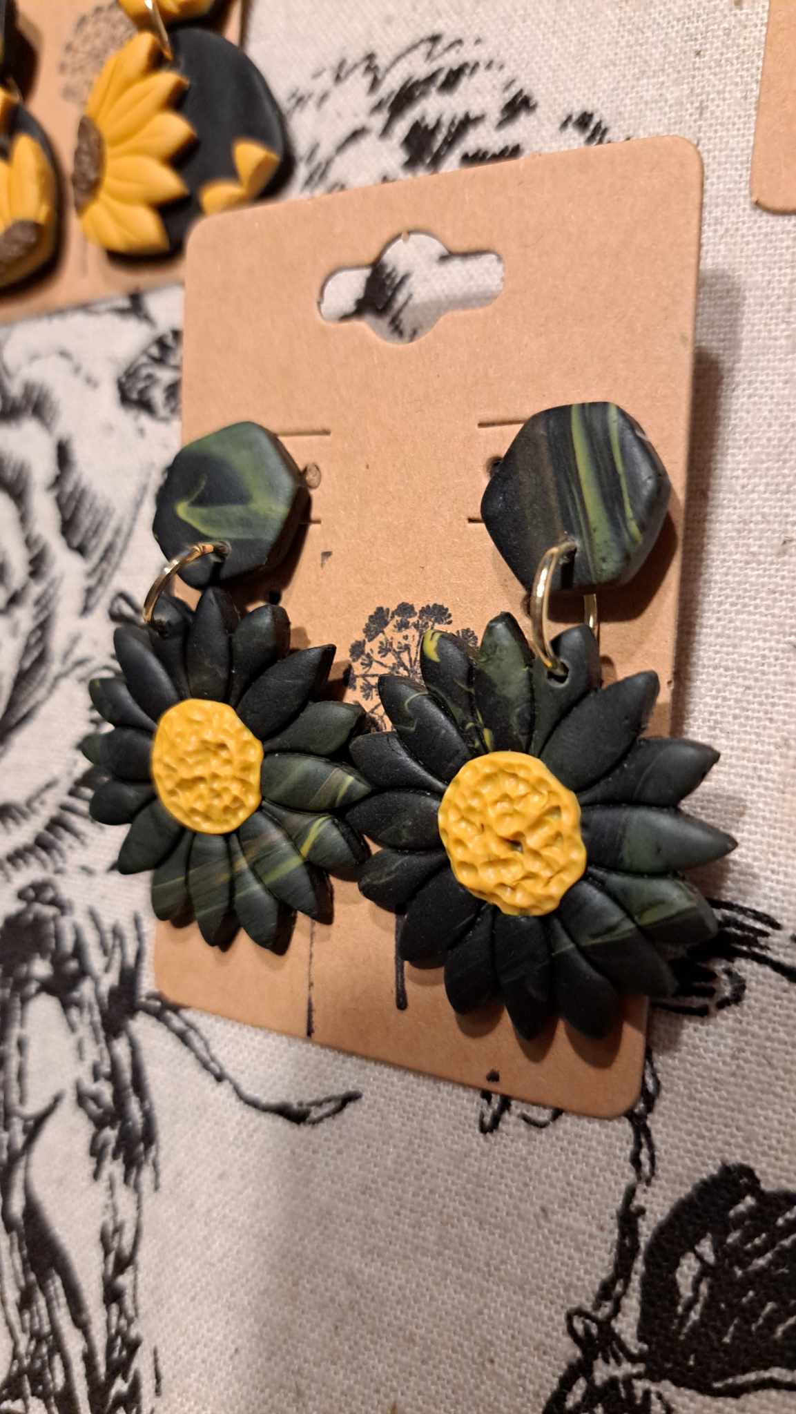 "Black Sunflower" Polymer Clay Dangle Earrings