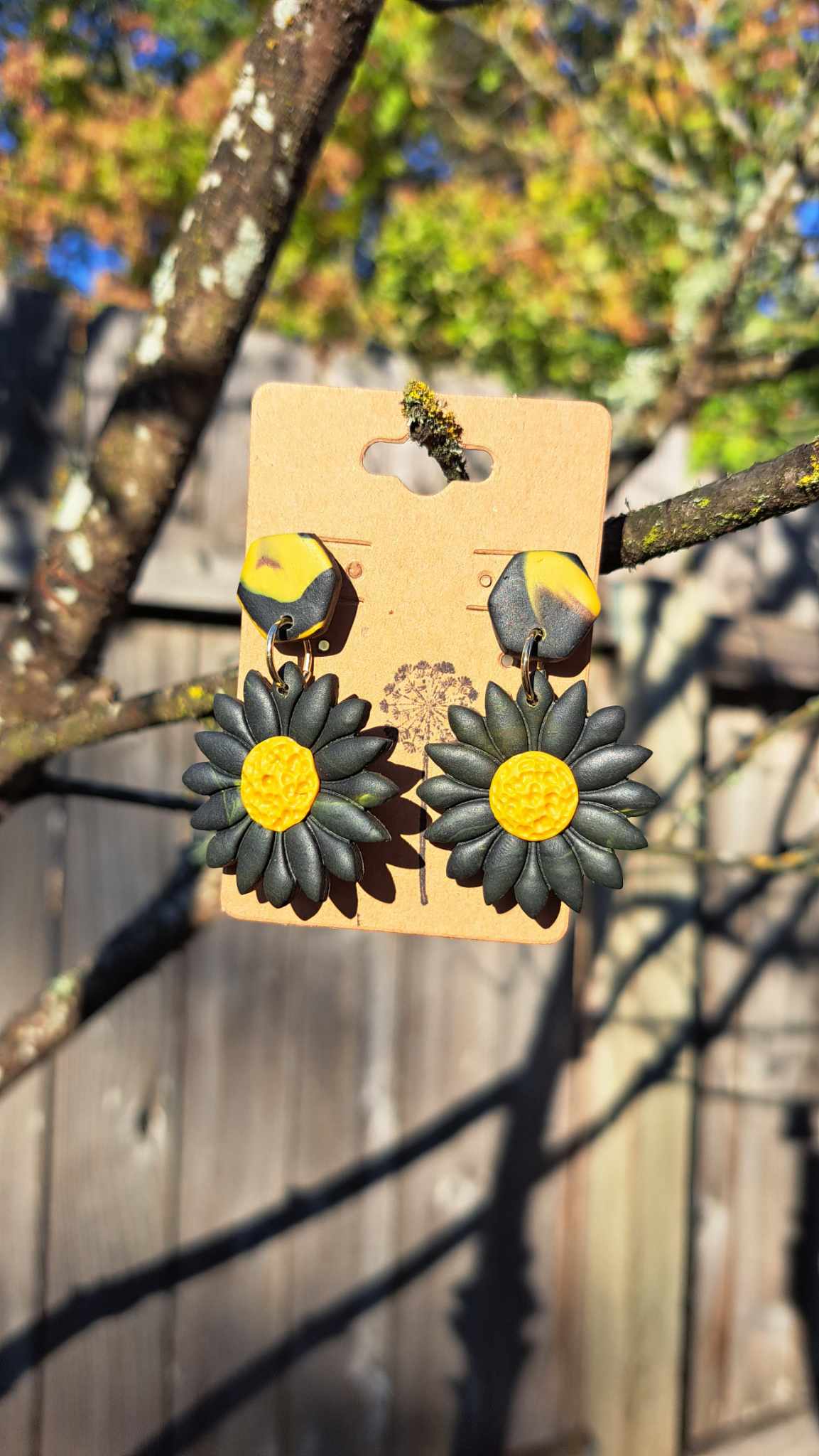 "Black Sunflower" Polymer Clay Dangle Earrings