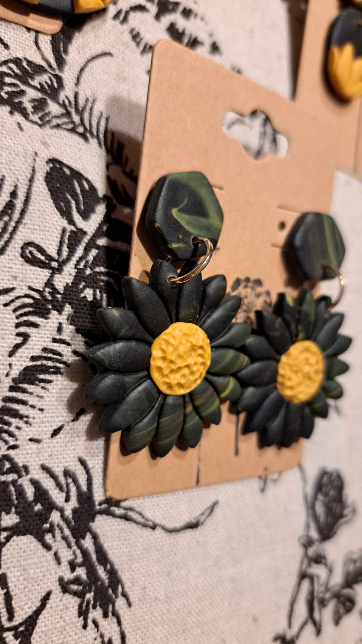 "Black Sunflower" Polymer Clay Dangle Earrings