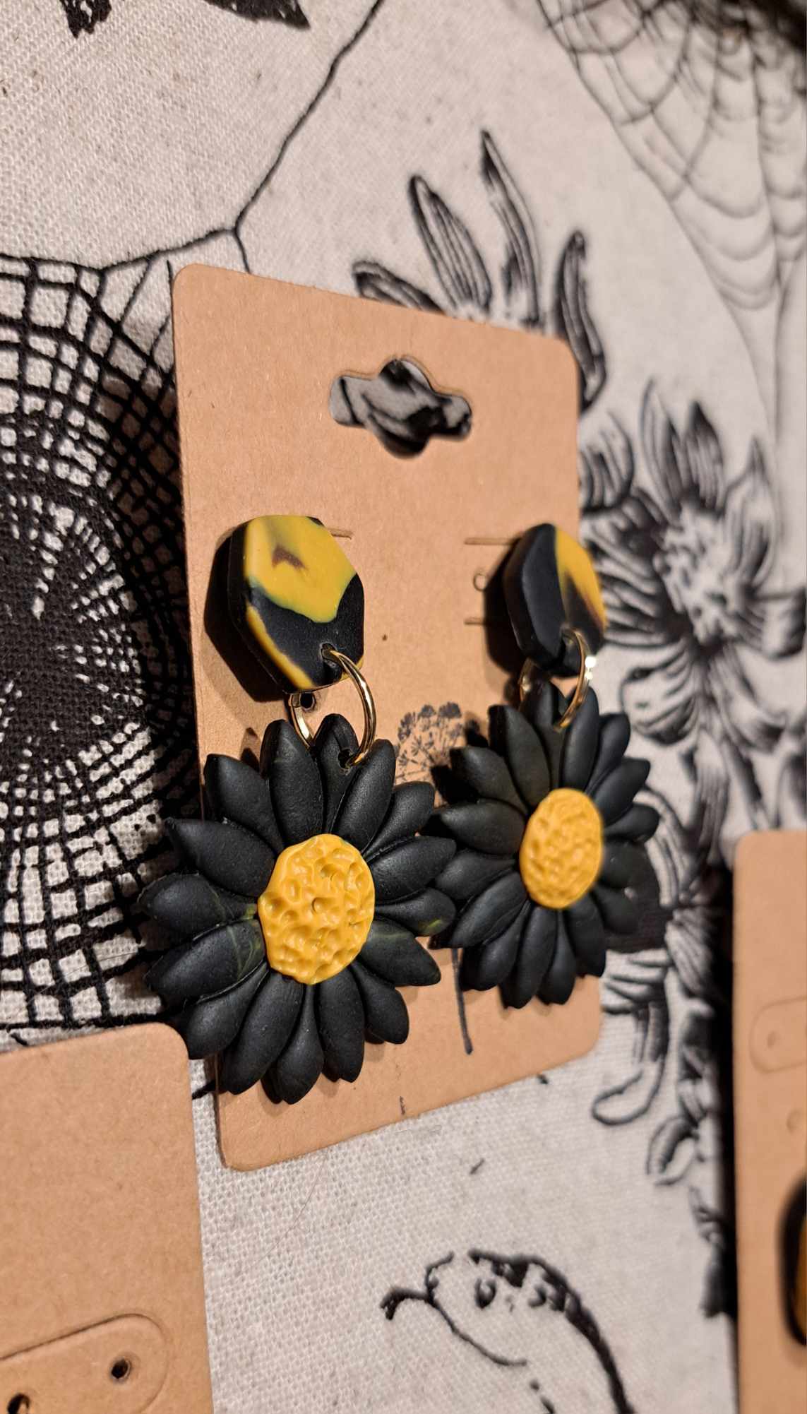 "Black Sunflower" Polymer Clay Dangle Earrings