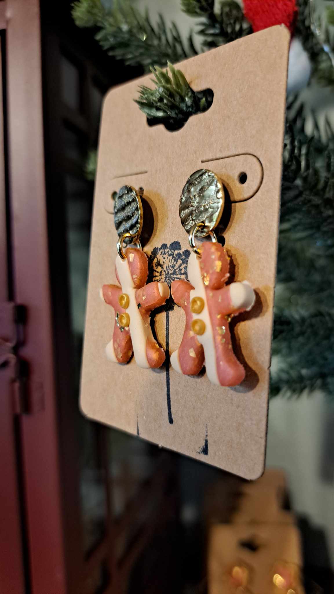 Striped Gingerbread People Polymer Clay Dangle Earrings (D10)
