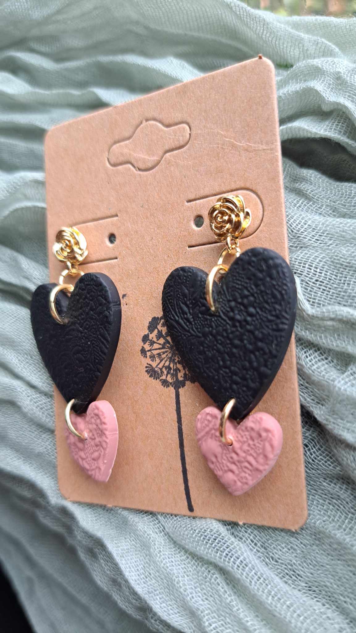 "Double Hearted Rose" Polymer Clay Dangle Earrings (D)