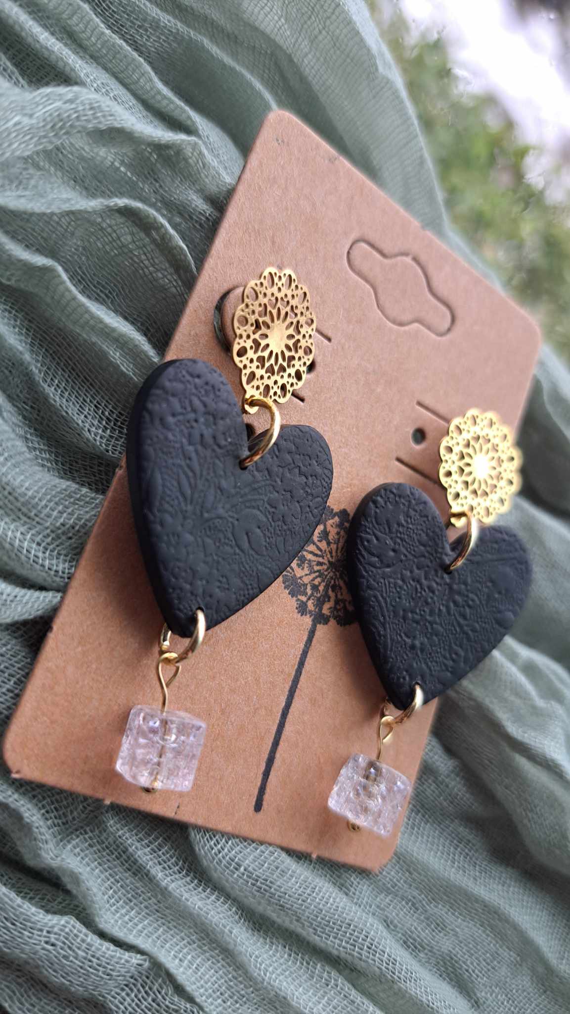Black Heart Polymer Clay Dangle Earrings (B)