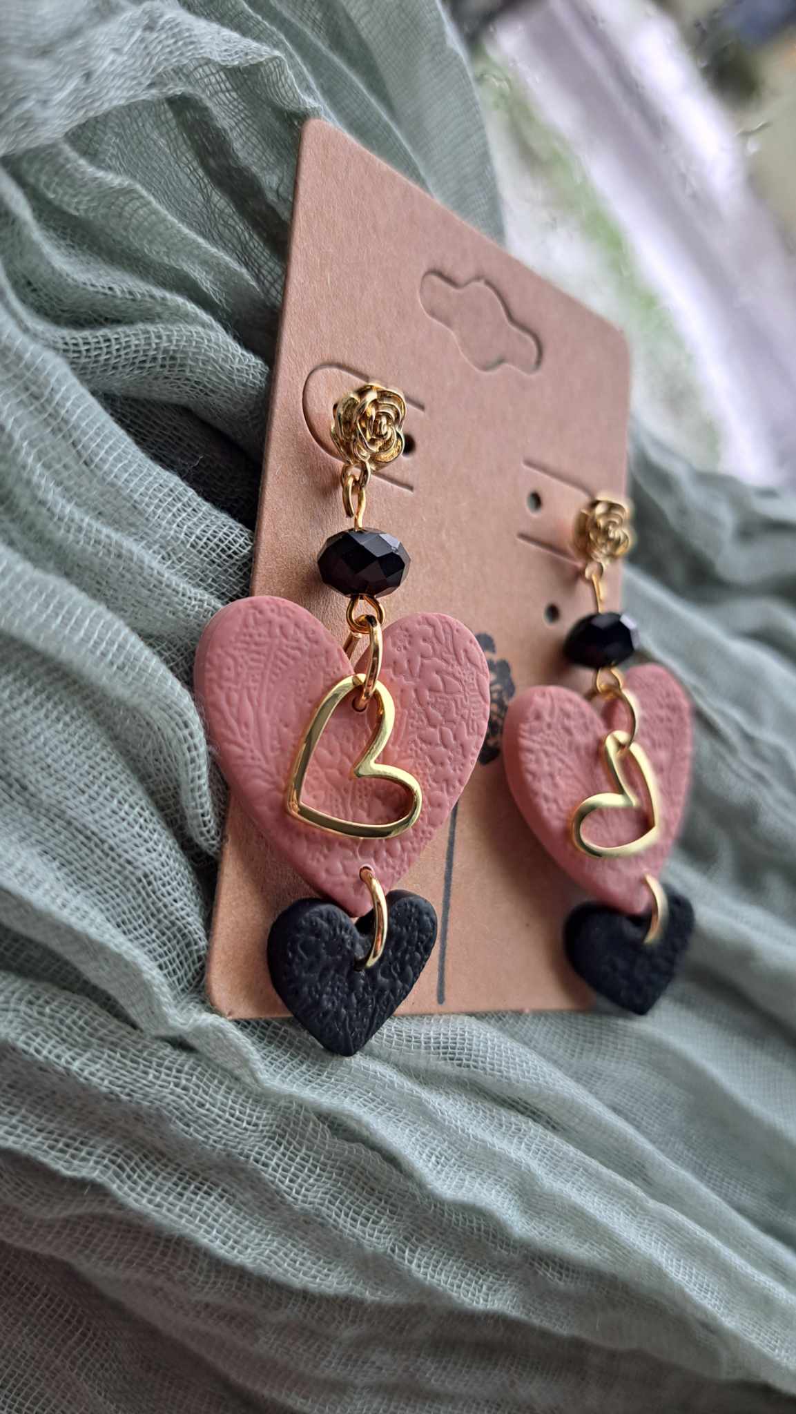 "Blushing Heart" Polymer Clay Dangle Earrings (C)