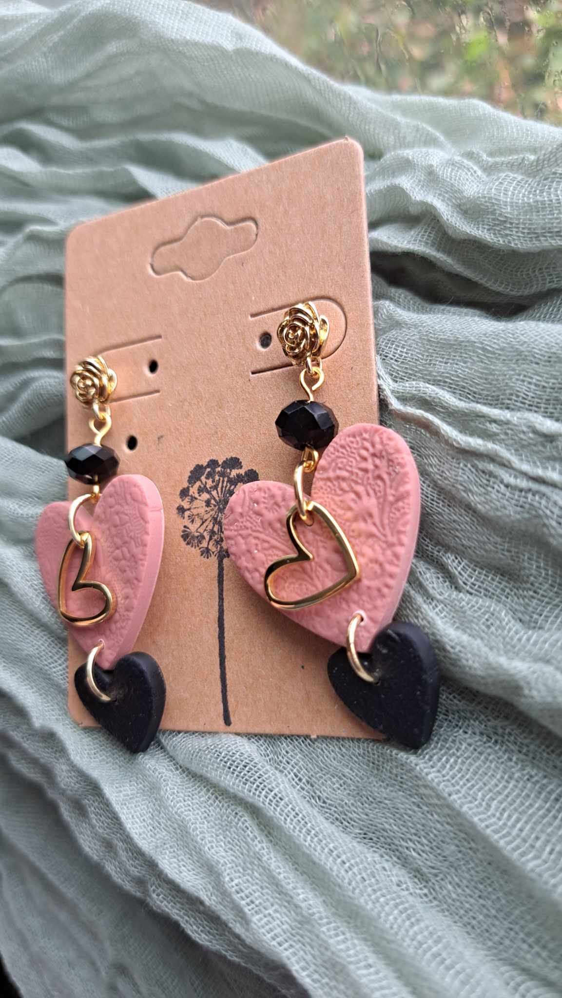 "Blushing Heart" Polymer Clay Dangle Earrings (C)