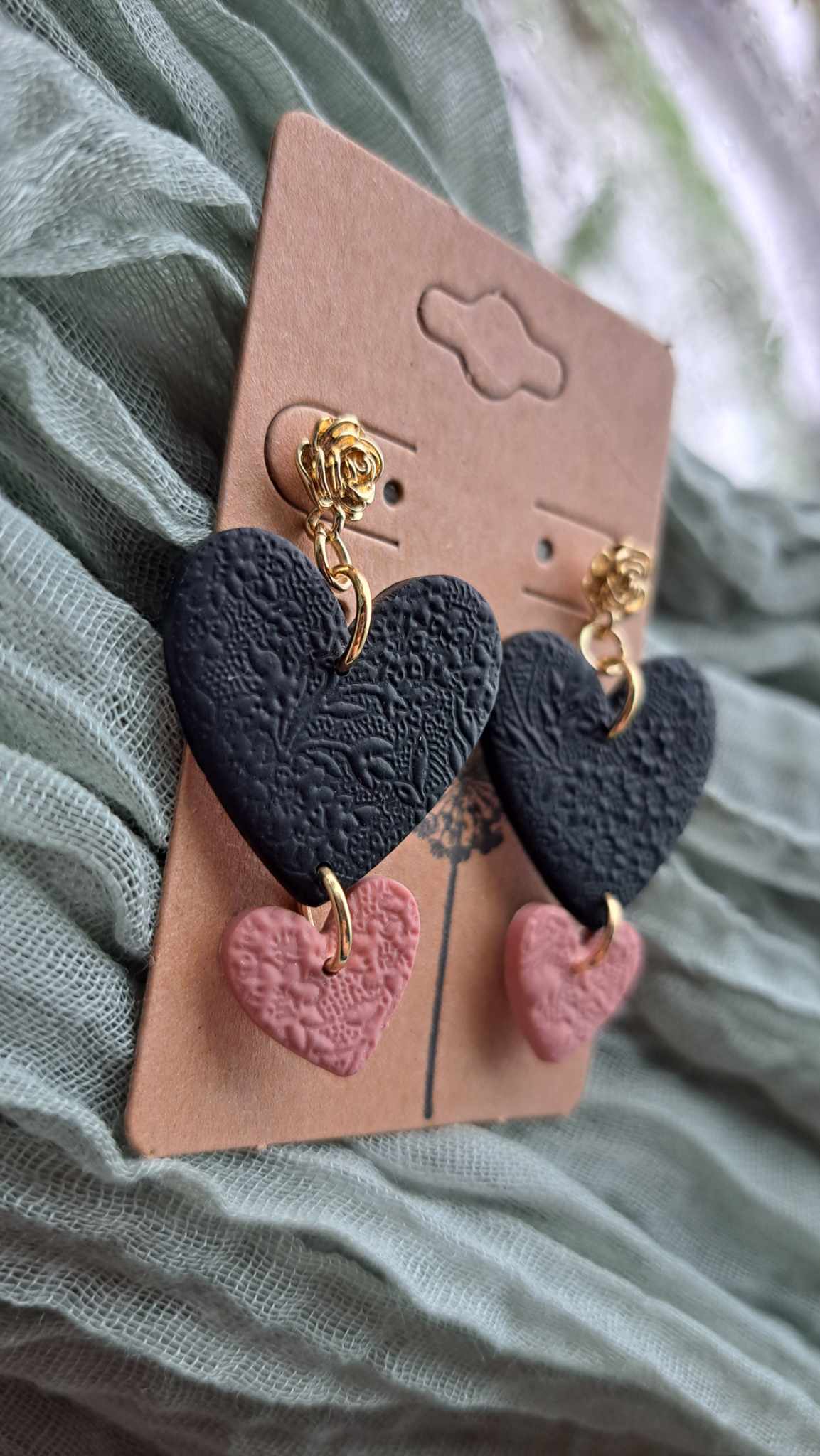 "Double Hearted Rose" Polymer Clay Dangle Earrings (D)