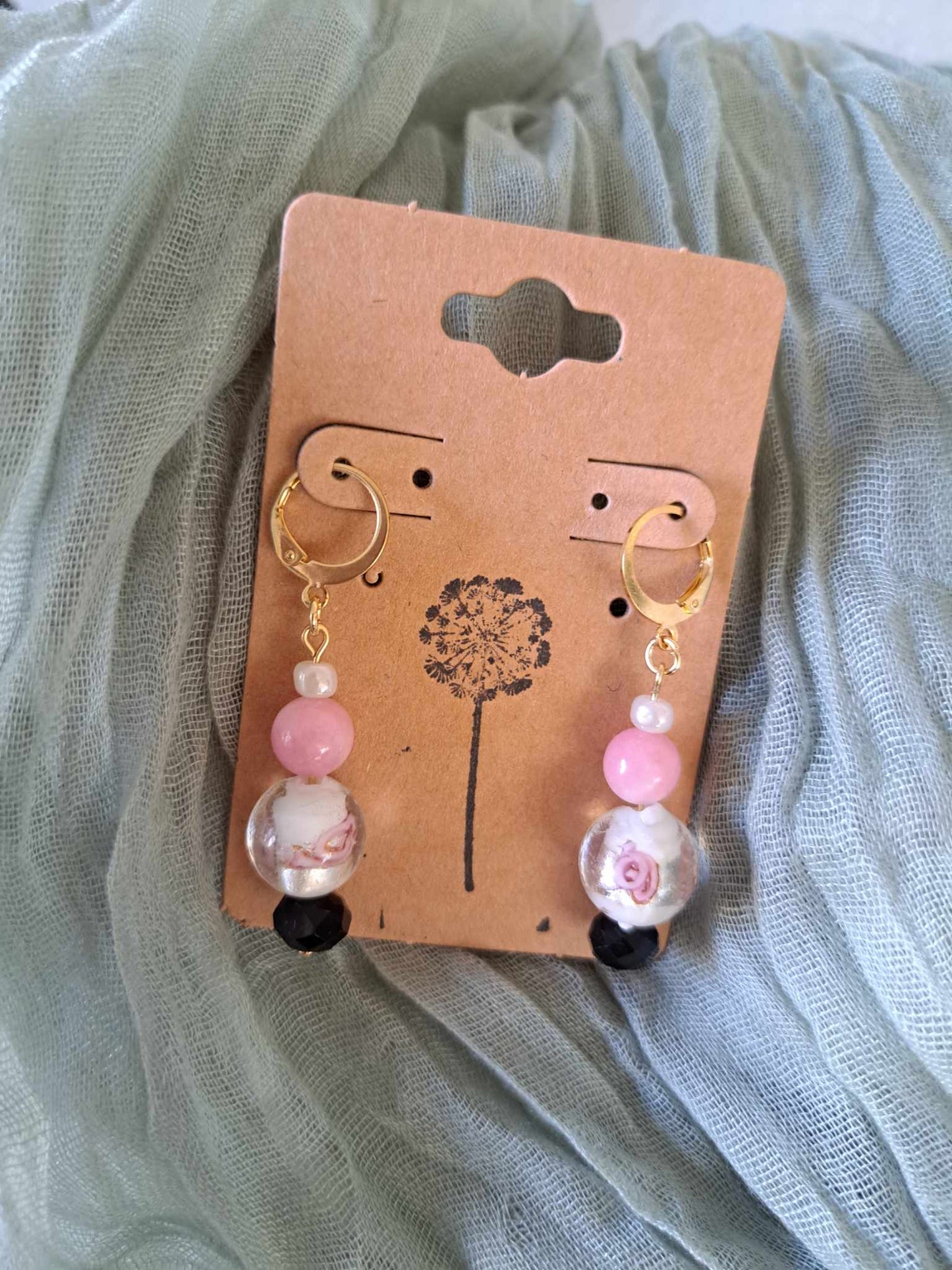 Handcrafted Pink/Black/White Bracelet/Earring Set