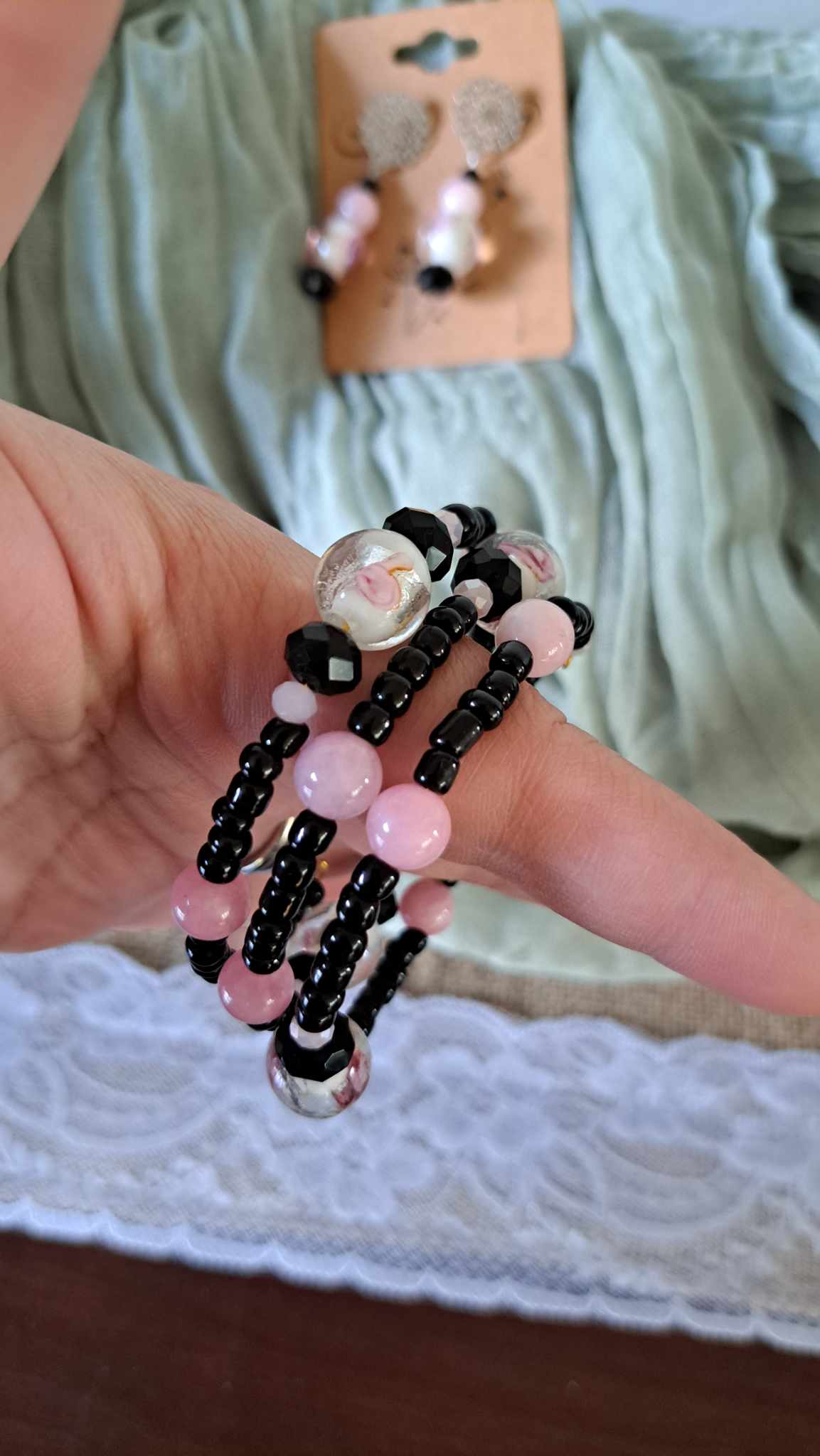 Handcrafted Pink/Black/White Bracelet/Earring Set