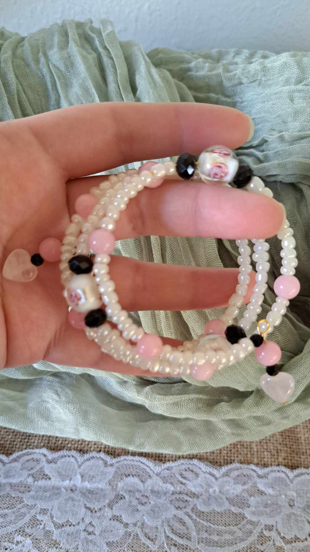Handcrafted Pink/Black/White Bracelet/Earring Set