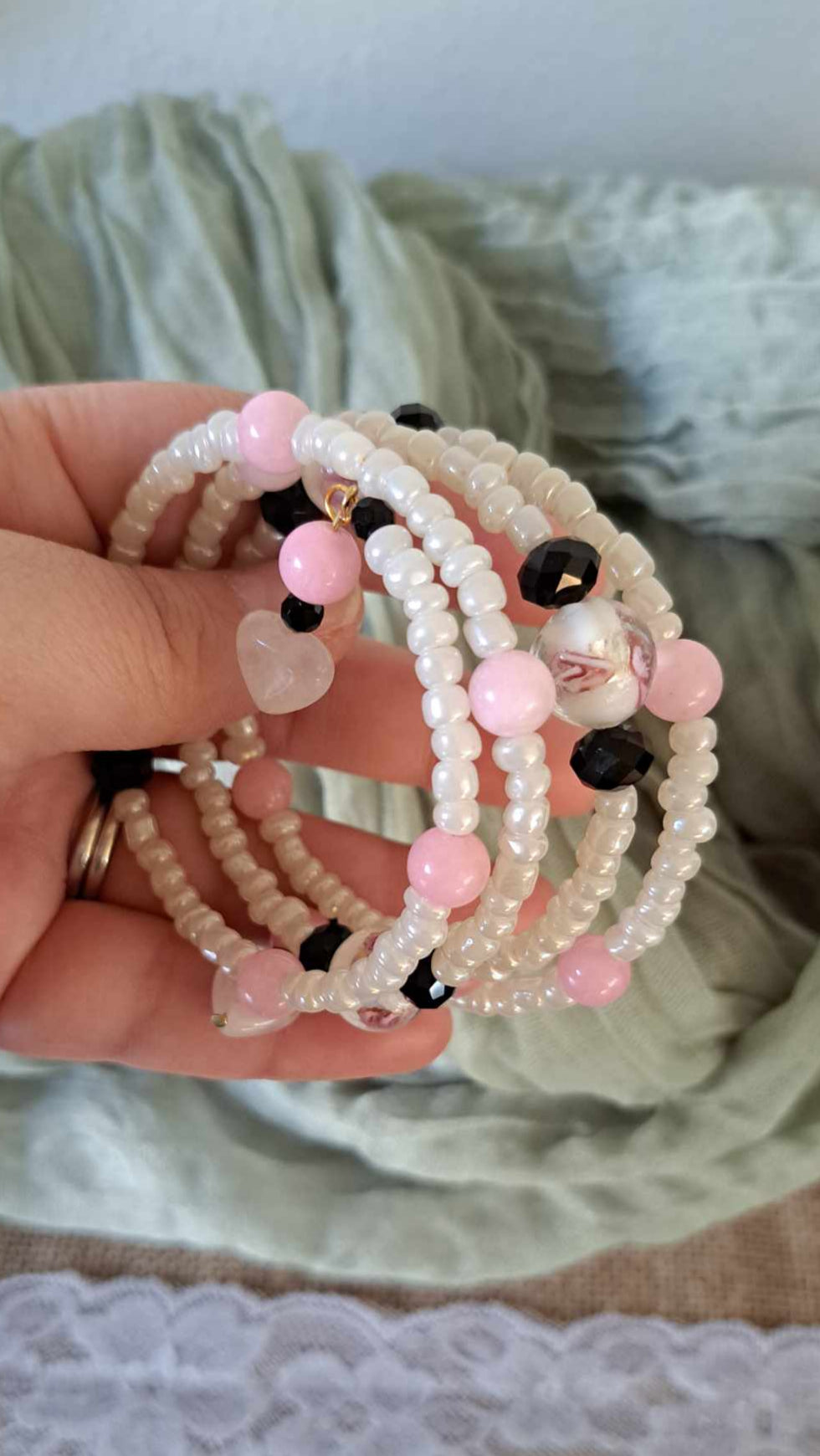 Handcrafted Pink/Black/White Bracelet/Earring Set
