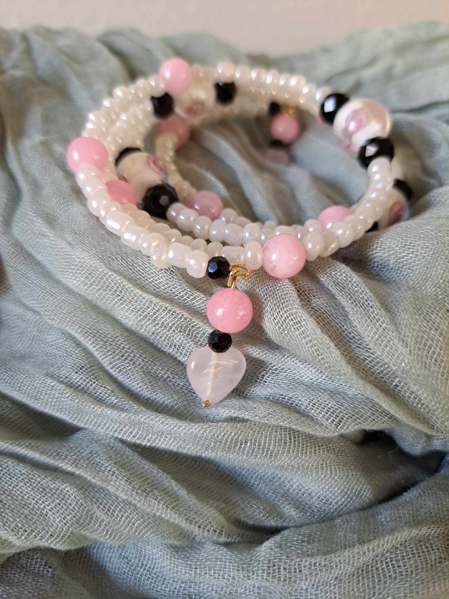 Handcrafted Pink/Black/White Bracelet/Earring Set