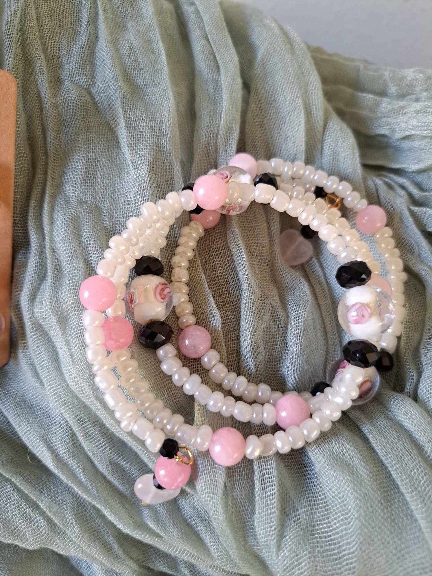 Handcrafted Pink/Black/White Bracelet/Earring Set