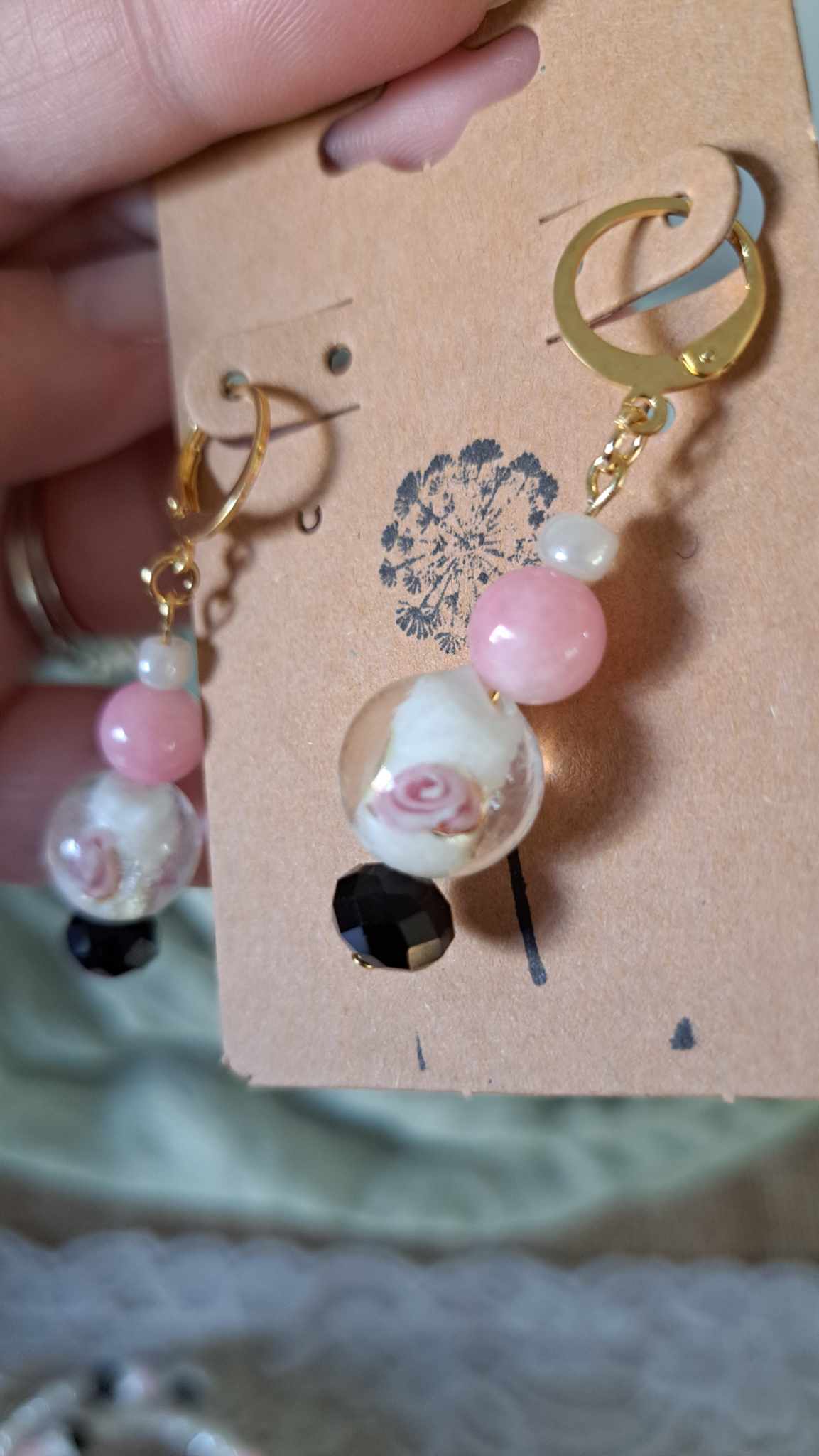 Handcrafted Pink/Black/White Bracelet/Earring Set