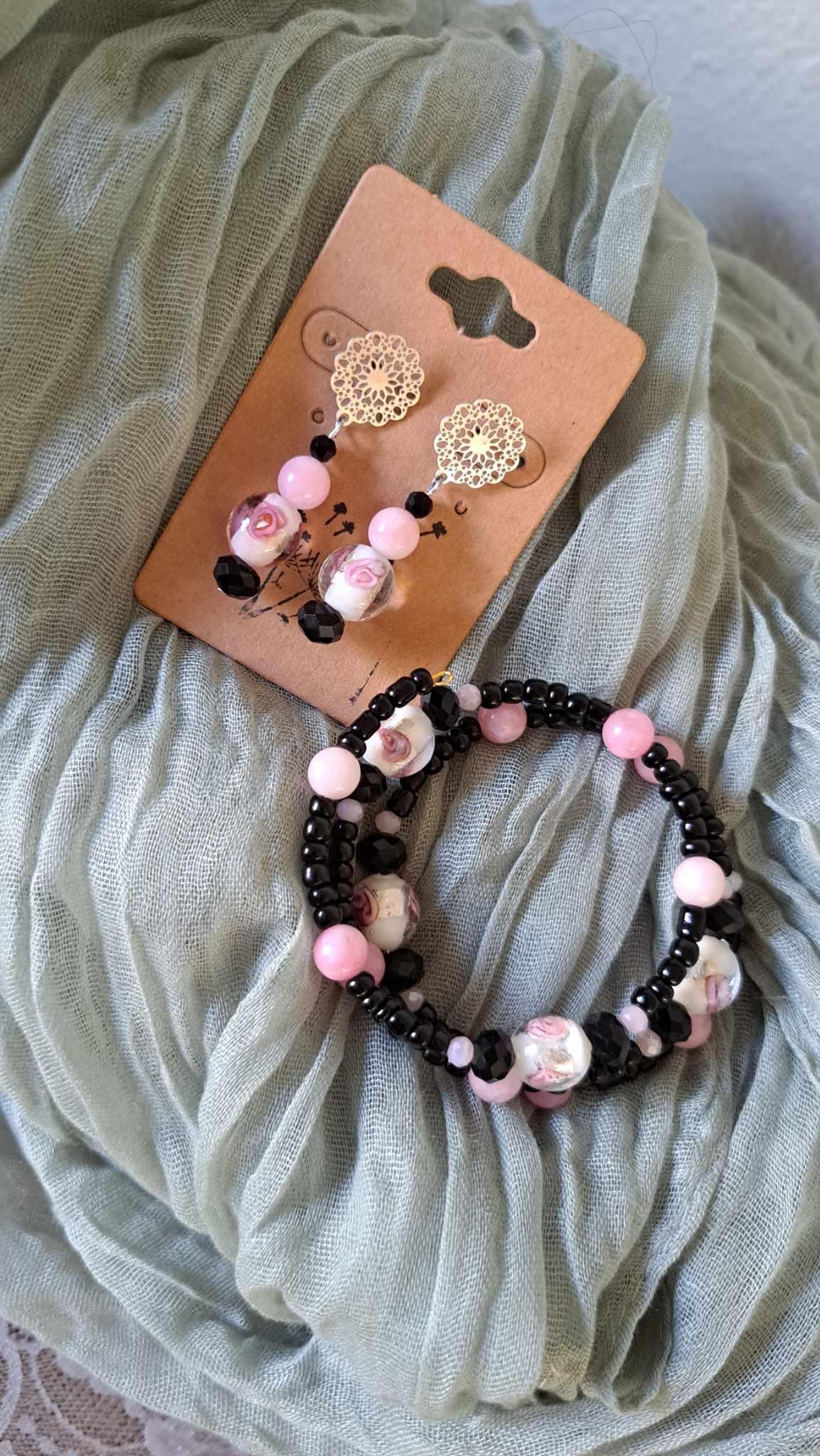 Handcrafted Pink/Black/White Bracelet/Earring Set
