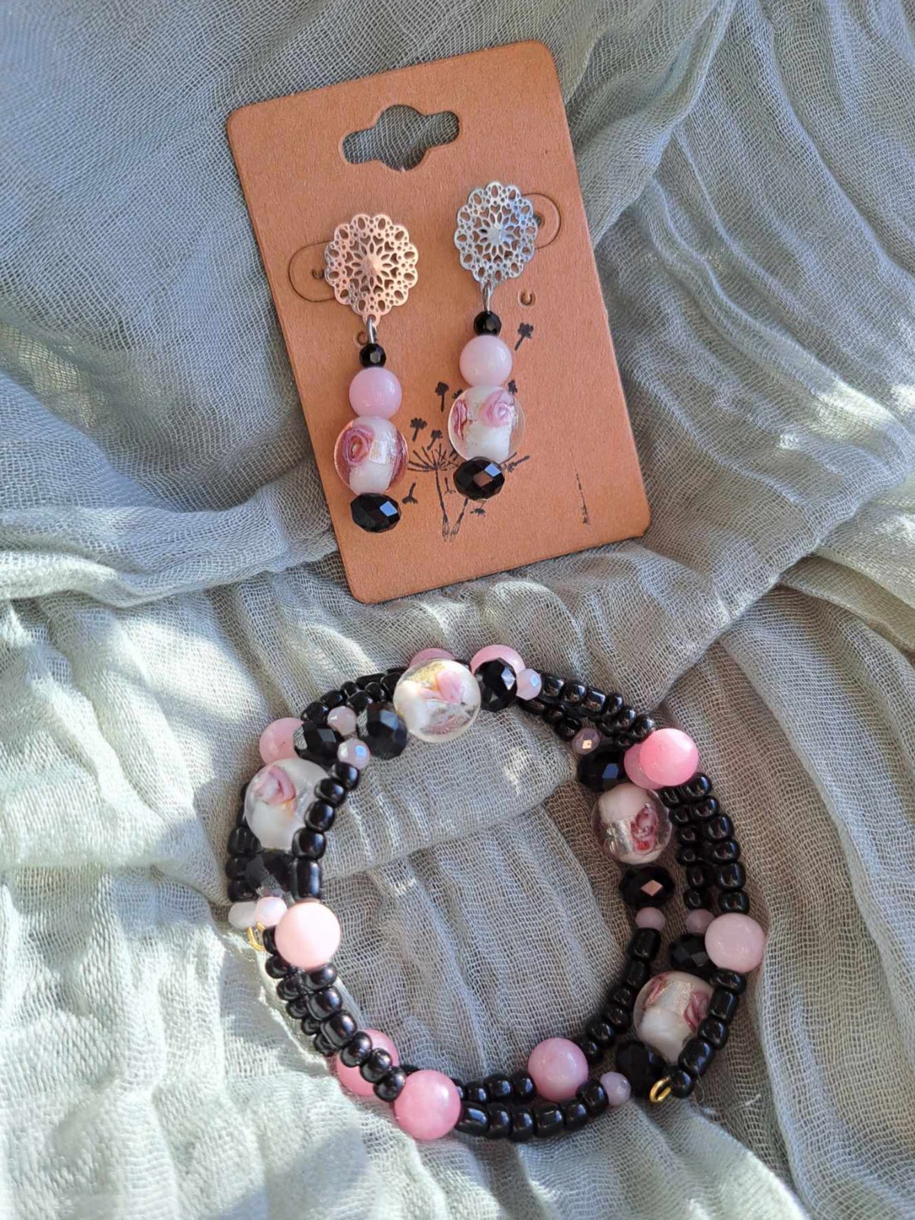 Handcrafted Pink/Black/White Bracelet/Earring Set