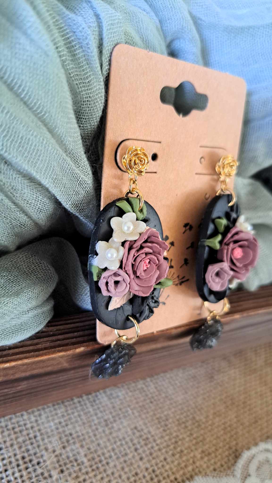 Oblong with Flower Dangles Handmade Polymer Clay Earrings