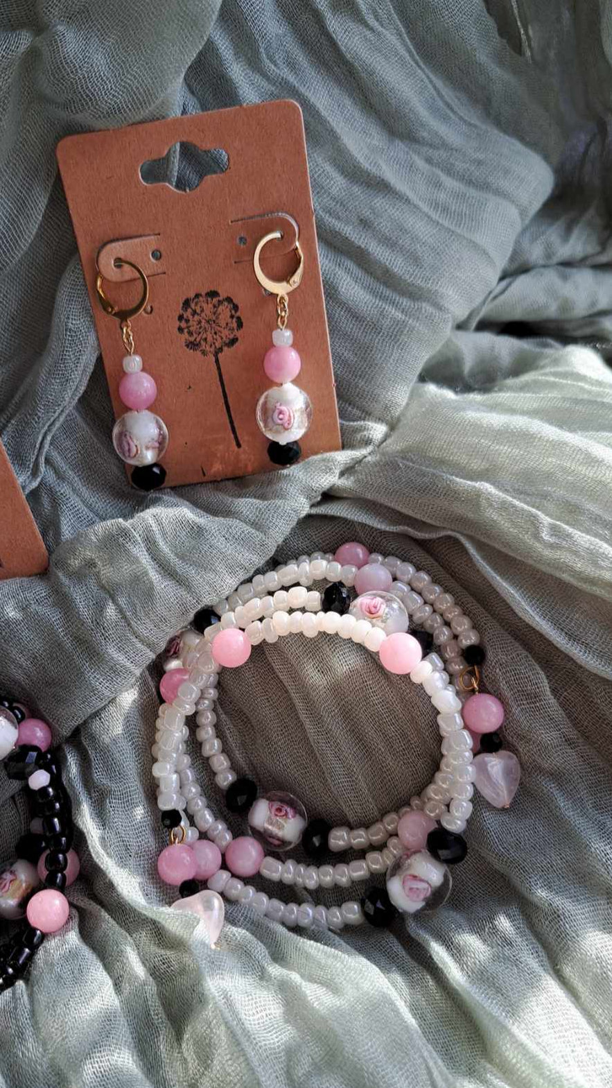 Handcrafted Pink/Black/White Bracelet/Earring Set