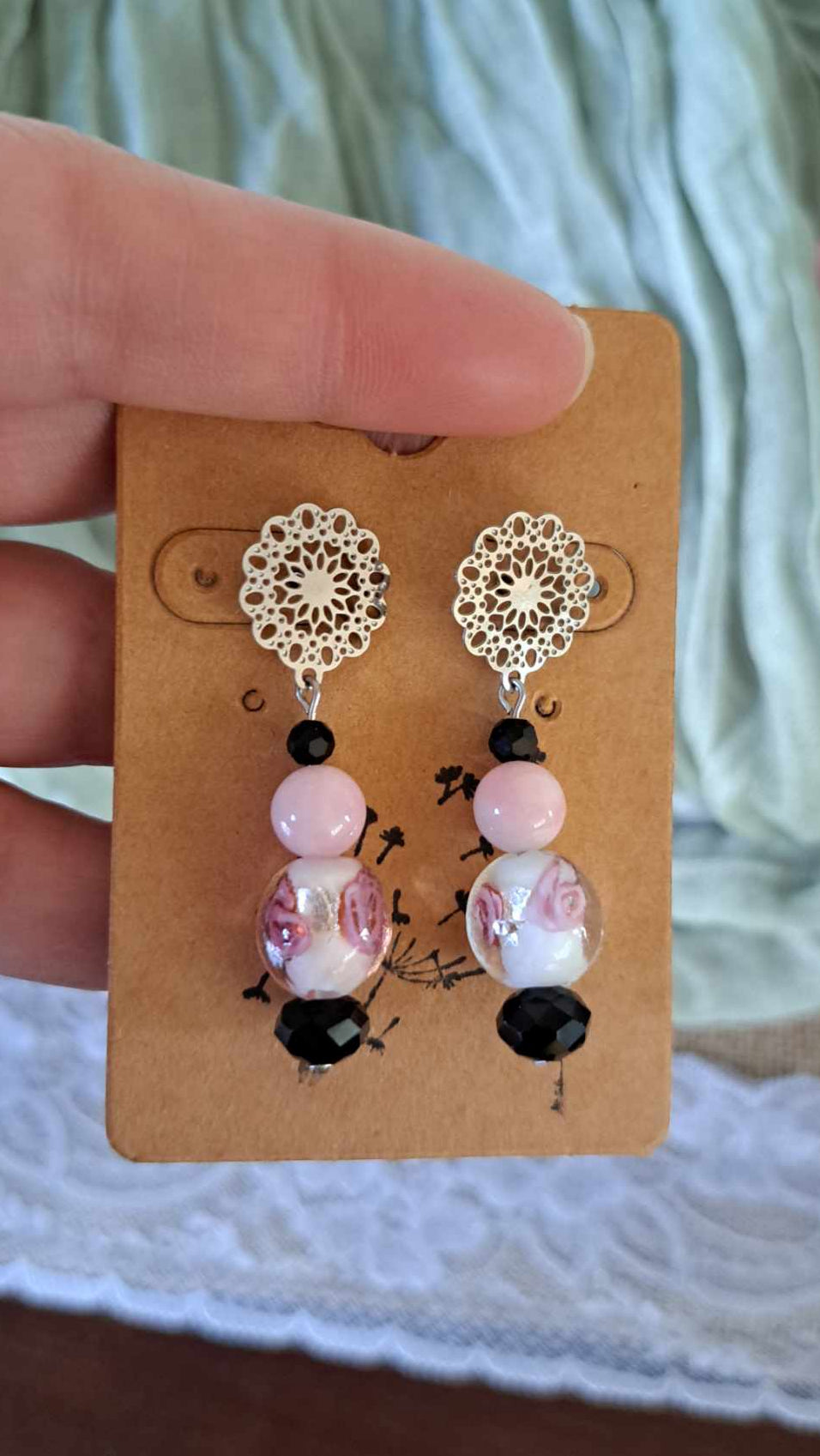 Handcrafted Pink/Black/White Bracelet/Earring Set
