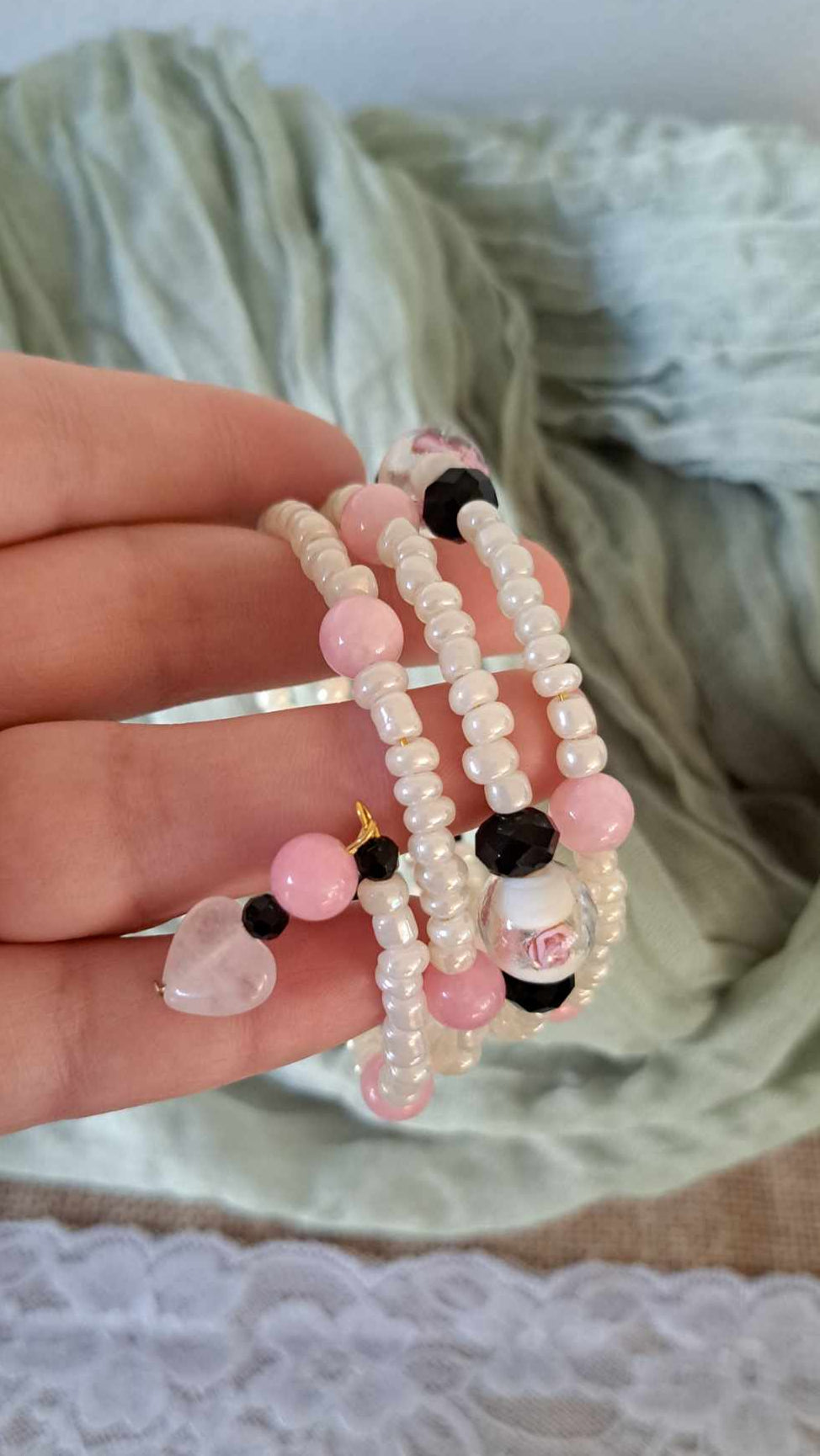 Handcrafted Pink/Black/White Bracelet/Earring Set