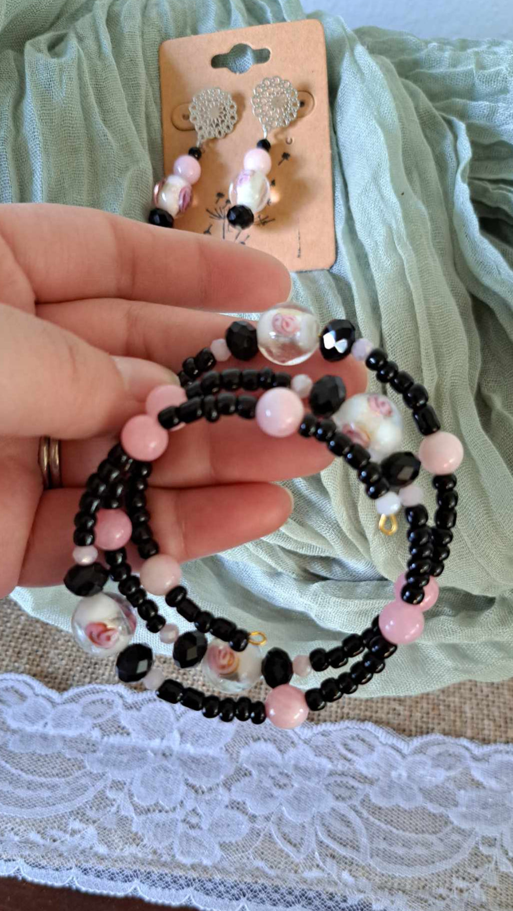 Handcrafted Pink/Black/White Bracelet/Earring Set