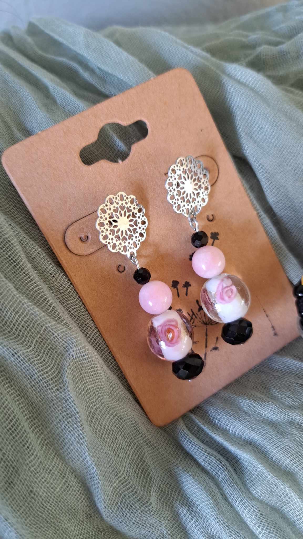 Handcrafted Pink/Black/White Bracelet/Earring Set