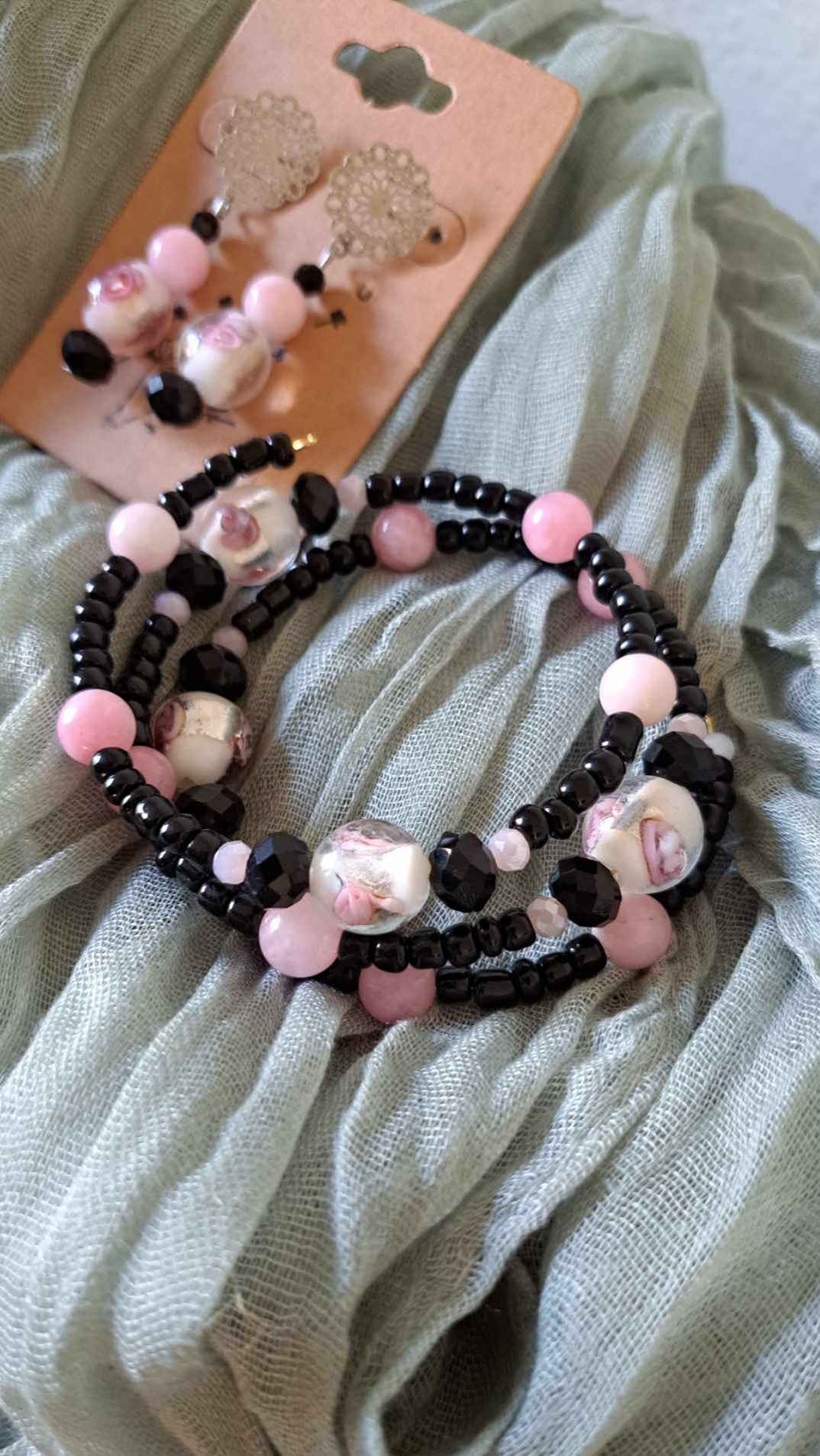 Handcrafted Pink/Black/White Bracelet/Earring Set