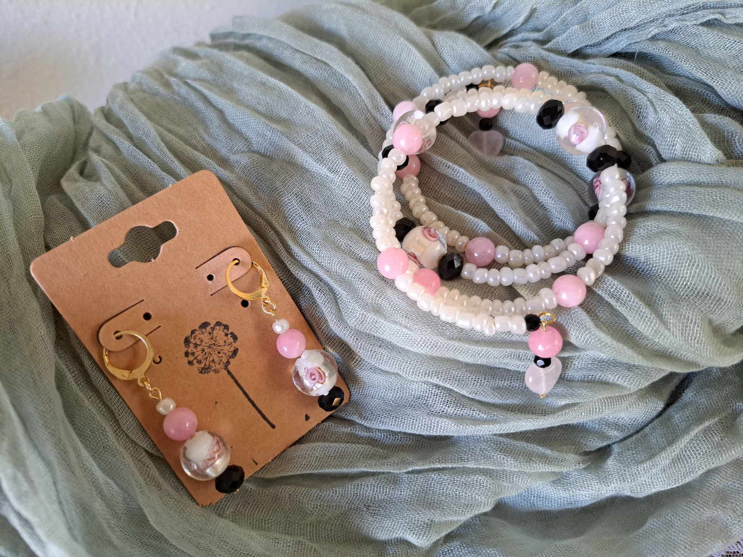 Handcrafted Pink/Black/White Bracelet/Earring Set