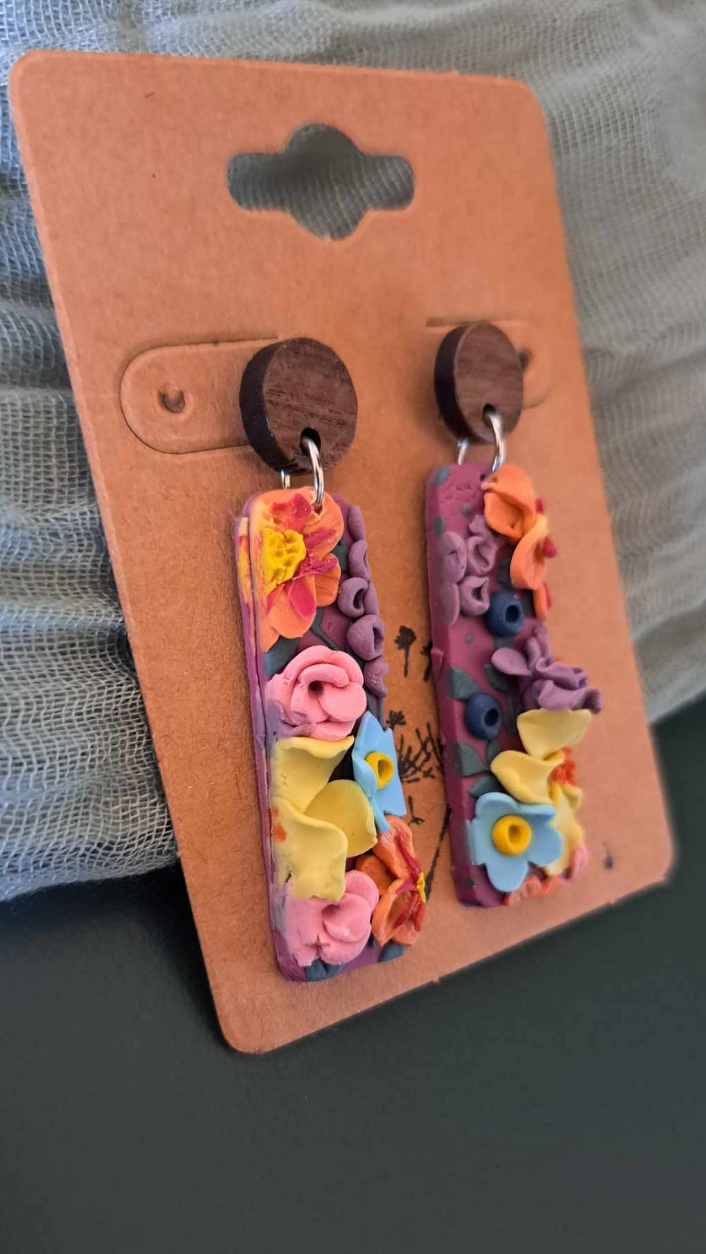 Handmade Long Flower Dangles Polymer Clay Earrings (C)